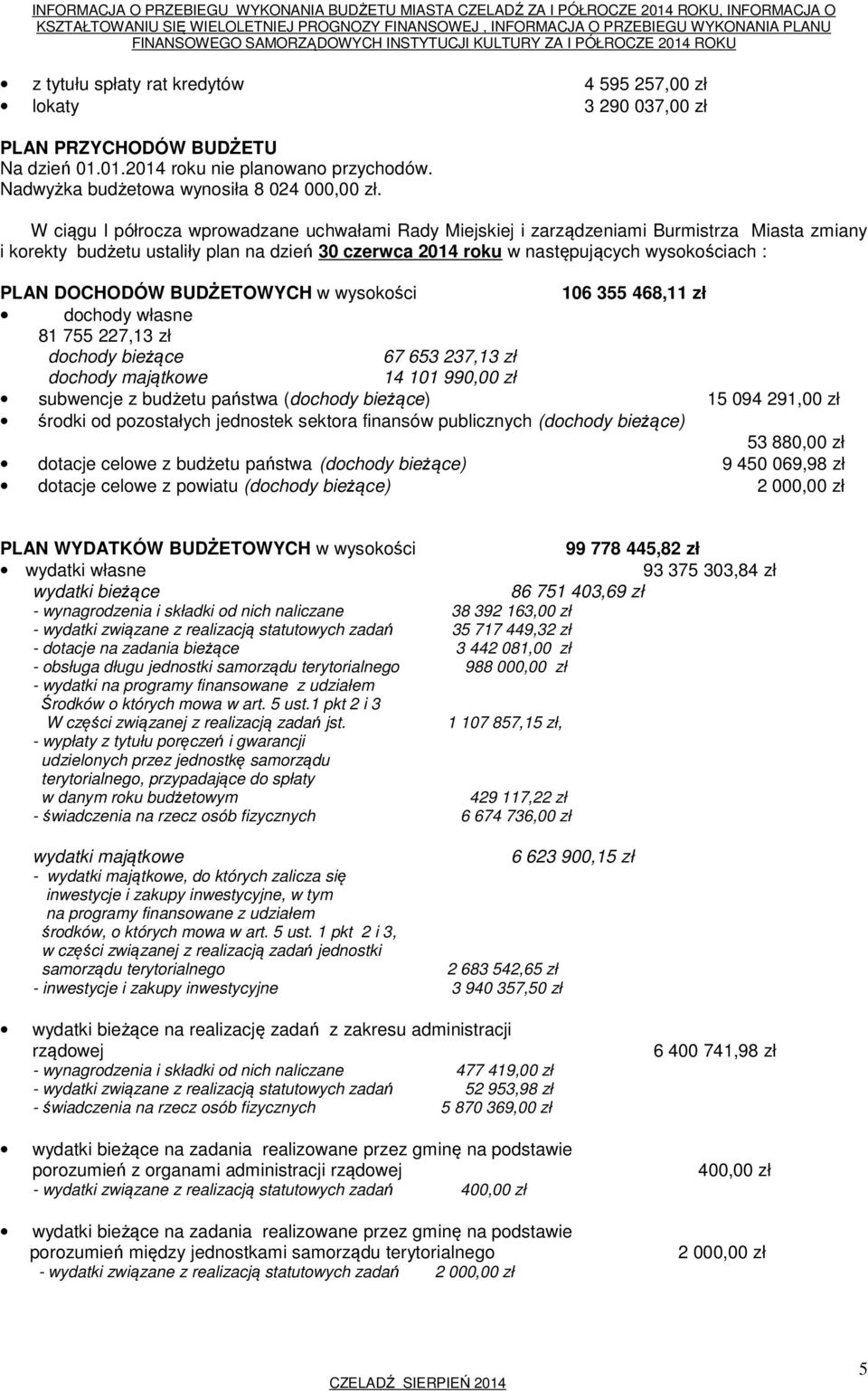 DOCHODÓW BUDŻETOWYCH w wysokości 106 355 468,11 zł dochody własne 81 755 227,13 zł dochody bieżące 67 653 237,13 zł dochody majątkowe 14 101 990,00 zł subwencje z budżetu państwa (dochody bieżące) 15