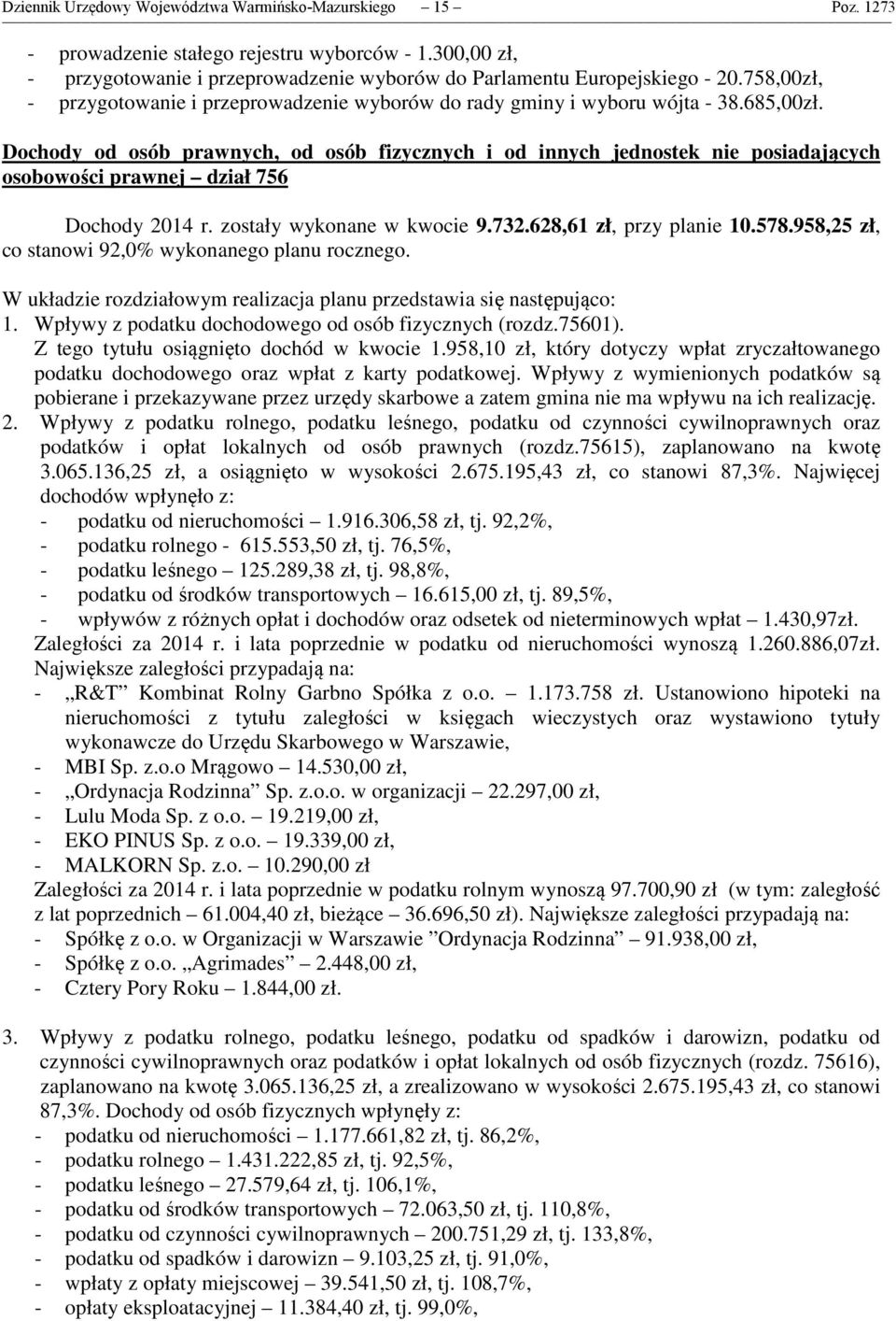 Dochody od osób prawnych, od osób fizycznych i od innych jednostek nie posiadających osobowości prawnej dział 756 Dochody 2014 r. zostały wykonane w kwocie 9.732.628,61 zł, przy planie 10.578.