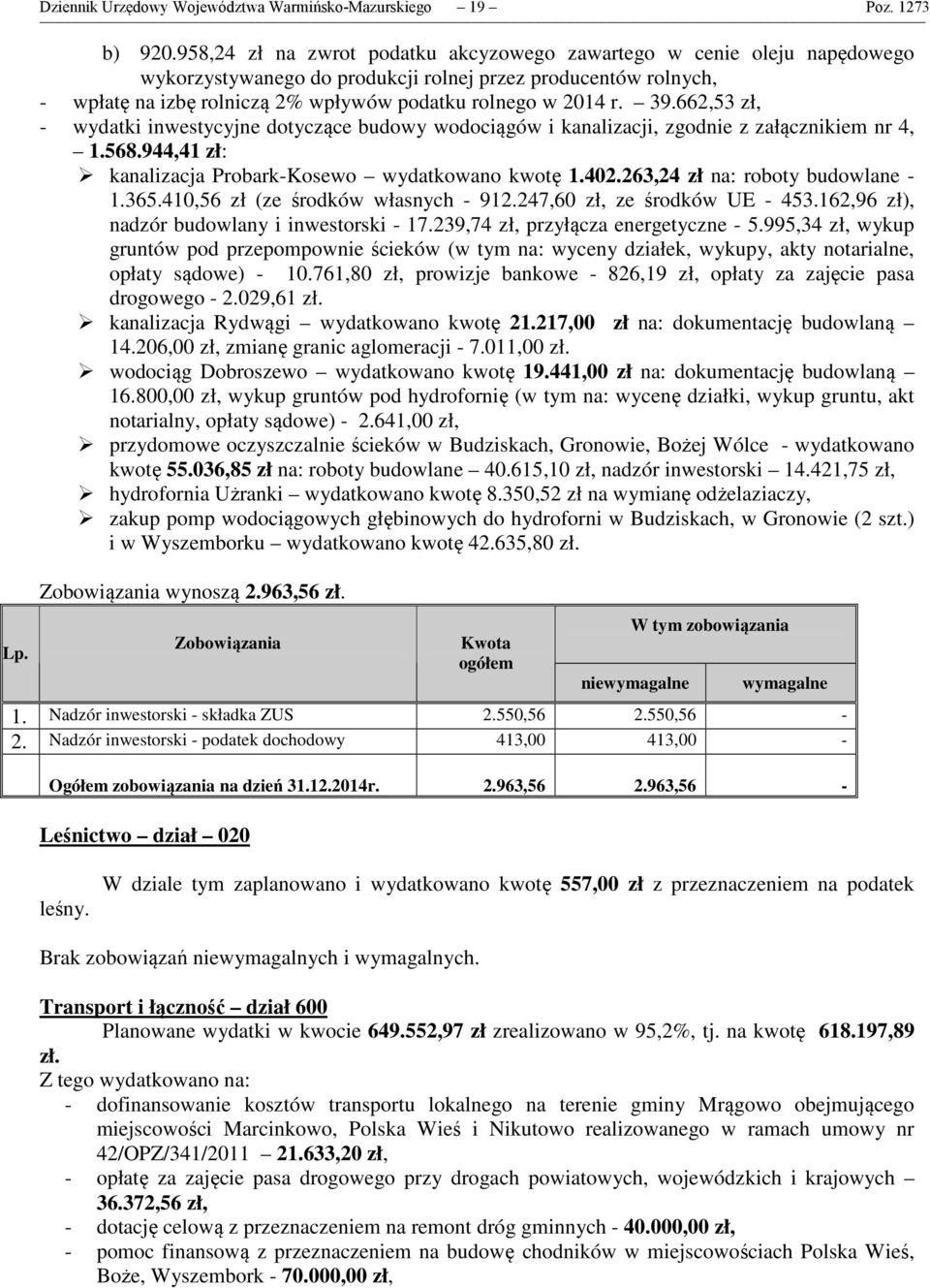 39.662,53 zł, - wydatki inwestycyjne dotyczące budowy wodociągów i kanalizacji, zgodnie z załącznikiem nr 4, 1.568.944,41 zł: kanalizacja Probark-Kosewo wydatkowano kwotę 1.402.