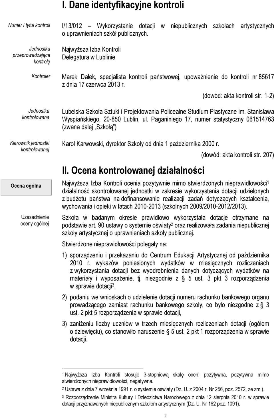 1-2) Jednostka kontrolowana Kierownik jednostki kontrolowanej Lubelska Szkoła Sztuki i Projektowania Policealne Studium Plastyczne im. Stanisława Wyspiańskiego, 20-850 Lublin, ul.