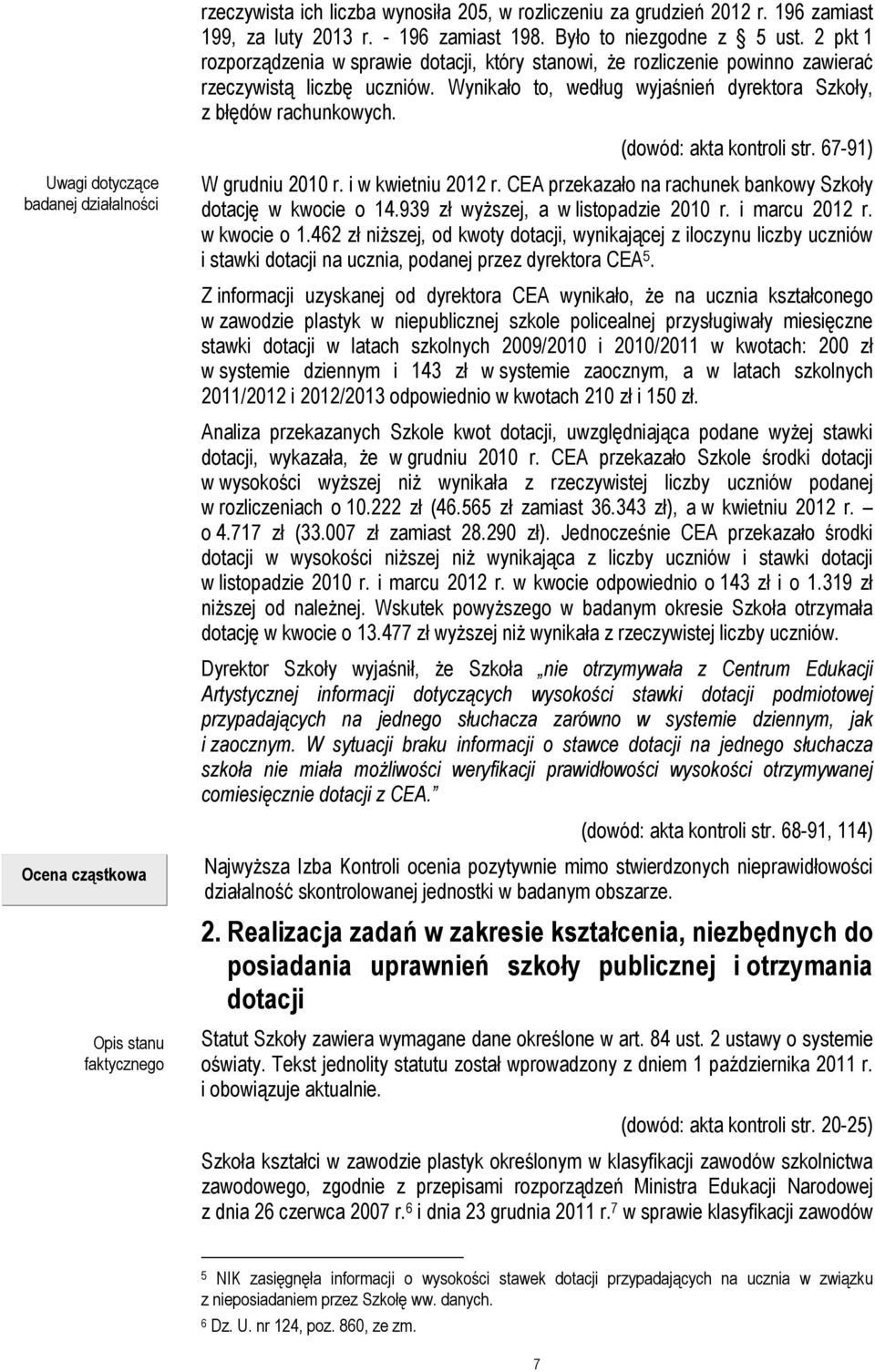 (dowód: akta kontroli str. 67-91) Uwagi dotyczące badanej działalności Ocena cząstkowa Opis stanu faktycznego W grudniu 2010 r. i w kwietniu 2012 r.