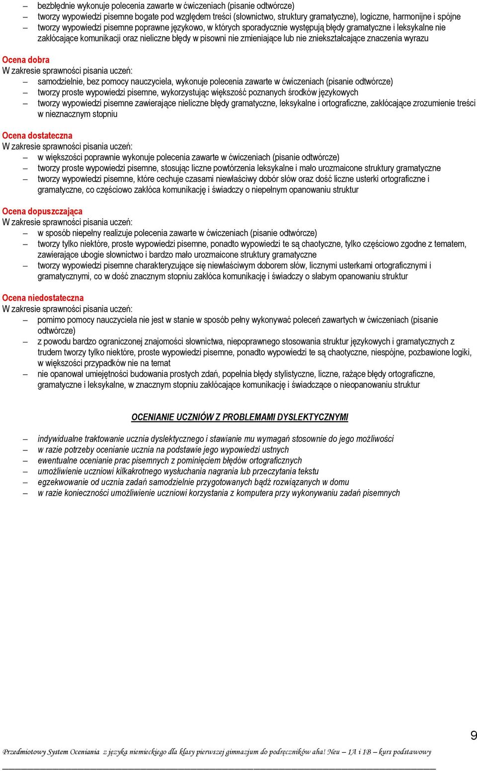 zniekształcające znaczenia wyrazu Ocena dobra samodzielnie, bez pomocy nauczyciela, wykonuje polecenia zawarte w ćwiczeniach (pisanie odtwórcze) tworzy proste wypowiedzi pisemne, wykorzystując