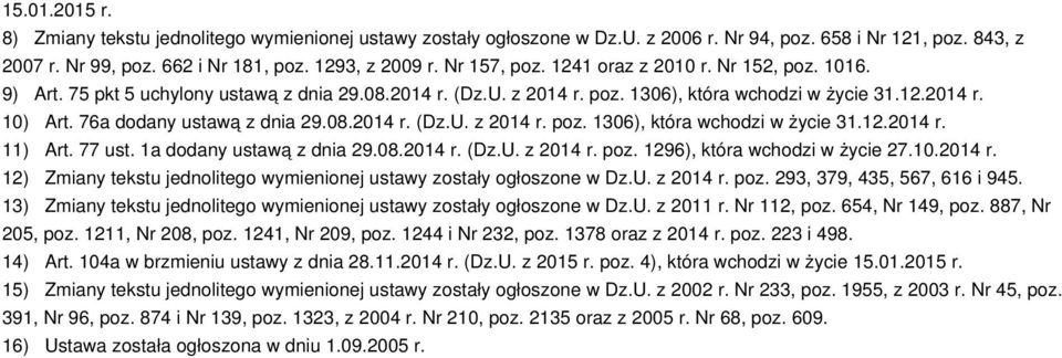 76a dodany ustawą z dnia 29.08.2014 r. (Dz.U. z 2014 r. poz. 1306), która wchodzi w życie 31.12.2014 r. 11) Art. 77 ust. 1a dodany ustawą z dnia 29.08.2014 r. (Dz.U. z 2014 r. poz. 1296), która wchodzi w życie 27.