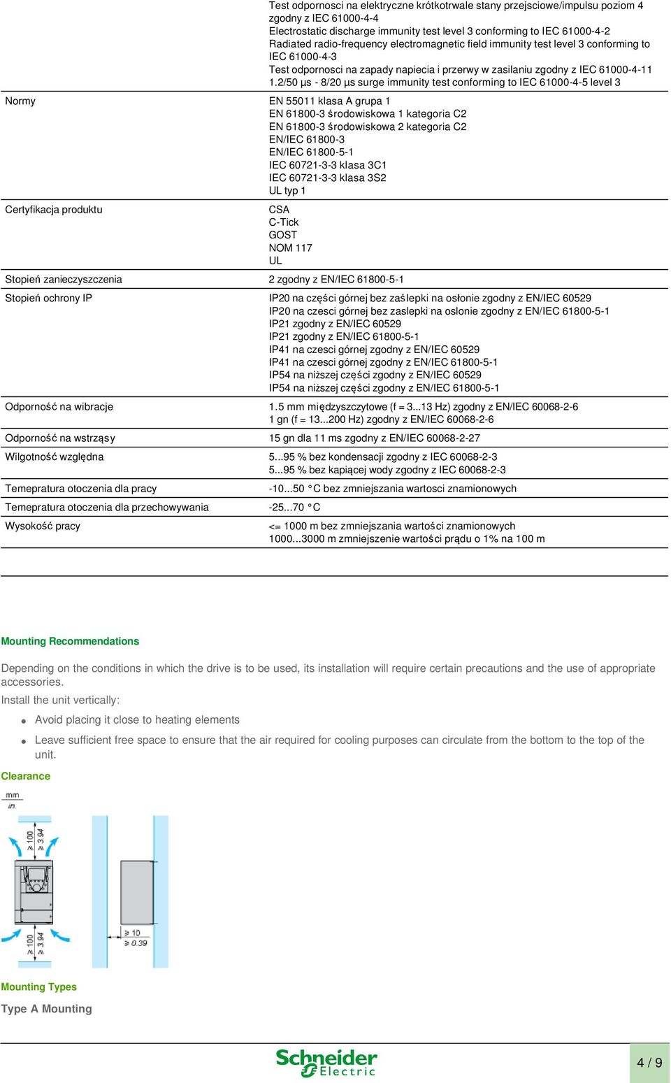 2/50 µs - 8/20 µs surge immunity test conforming to IEC 61000-4-5 level 3 Normy EN 55011 klasa A grupa 1 EN 61800-3 środowiskowa 1 kategoria C2 EN 61800-3 środowiskowa 2 kategoria C2 EN/IEC 61800-3