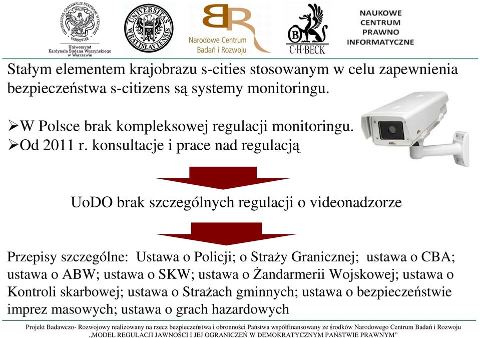 konsultacje i prace nad regulacją UoDO brak szczególnych regulacji o videonadzorze Przepisy szczególne: Ustawa o Policji; o