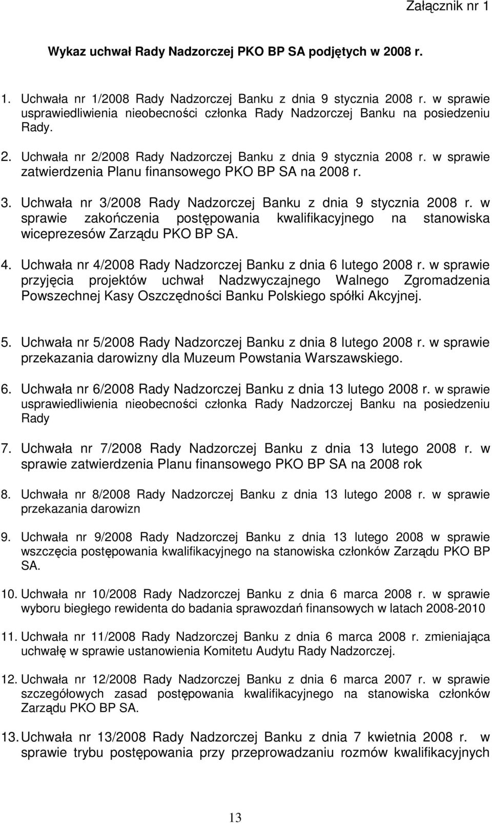 w sprawie zatwierdzenia Planu finansowego PKO BP SA na 2008 r. 3. Uchwała nr 3/2008 Rady Nadzorczej Banku z dnia 9 stycznia 2008 r.