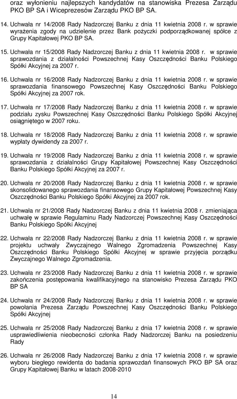 w sprawie sprawozdania z działalności Powszechnej Kasy Oszczędności Banku Polskiego Spółki Akcyjnej za 2007 r. 16. Uchwała nr 16/2008 Rady Nadzorczej Banku z dnia 11 kwietnia 2008 r.