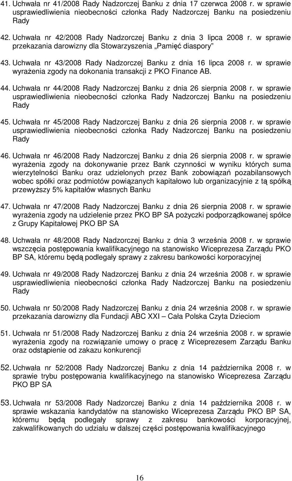 w sprawie wyraŝenia zgody na dokonania transakcji z PKO Finance AB. 44. Uchwała nr 44/2008 Rady Nadzorczej Banku z dnia 26 sierpnia 2008 r.