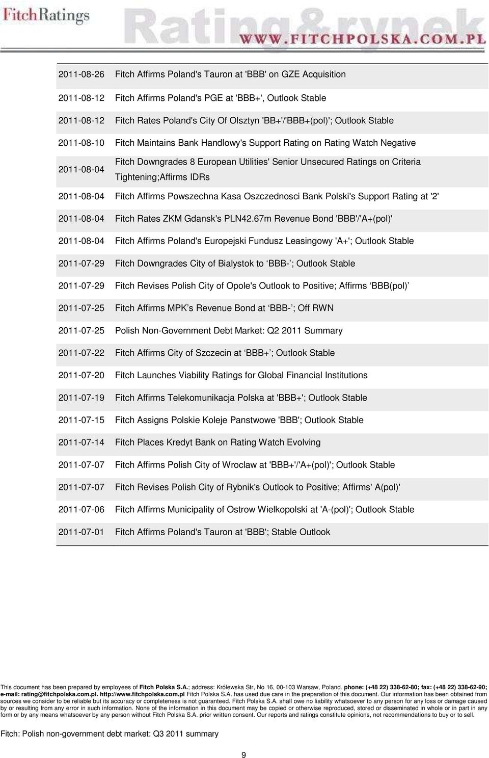 Tightening;Affirms IDRs 2011-08-04 Fitch Affirms Powszechna Kasa Oszczednosci Bank Polski's Support Rating at '2' 2011-08-04 Fitch Rates ZKM Gdansk's PLN42.