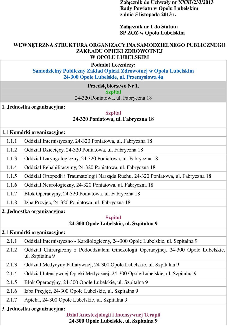 Zakład Opieki Zdrowotnej w Opolu Lubelskim 24-300 Opole Lubelskie, ul. Przemysłowa 4a Przedsiębiorstwo Nr 1. 1.1.1 Oddział Internistyczny, 1.1.2 Oddział Dziecięcy, 1.1.3 Oddział Laryngologiczny, 1.1.4 Oddział Rehabilitacyjny, 1.