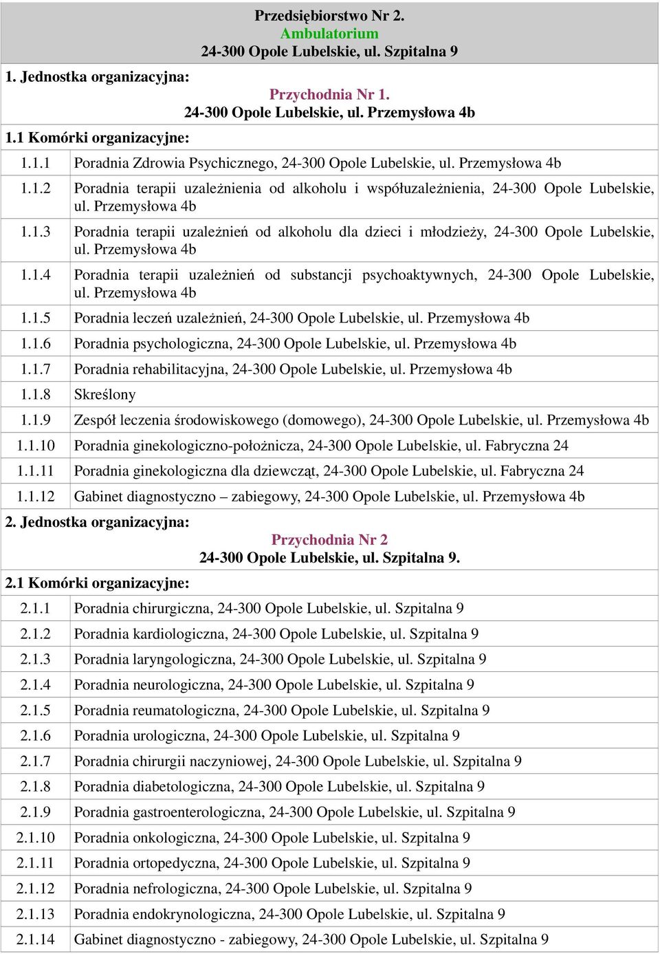 1.6 Poradnia psychologiczna, 24-300 Opole Lubelskie, 1.1.7 Poradnia rehabilitacyjna, 24-300 Opole Lubelskie, 1.1.8 Skreślony 1.1.9 Zespół leczenia środowiskowego (domowego), 24-300 Opole Lubelskie, 1.