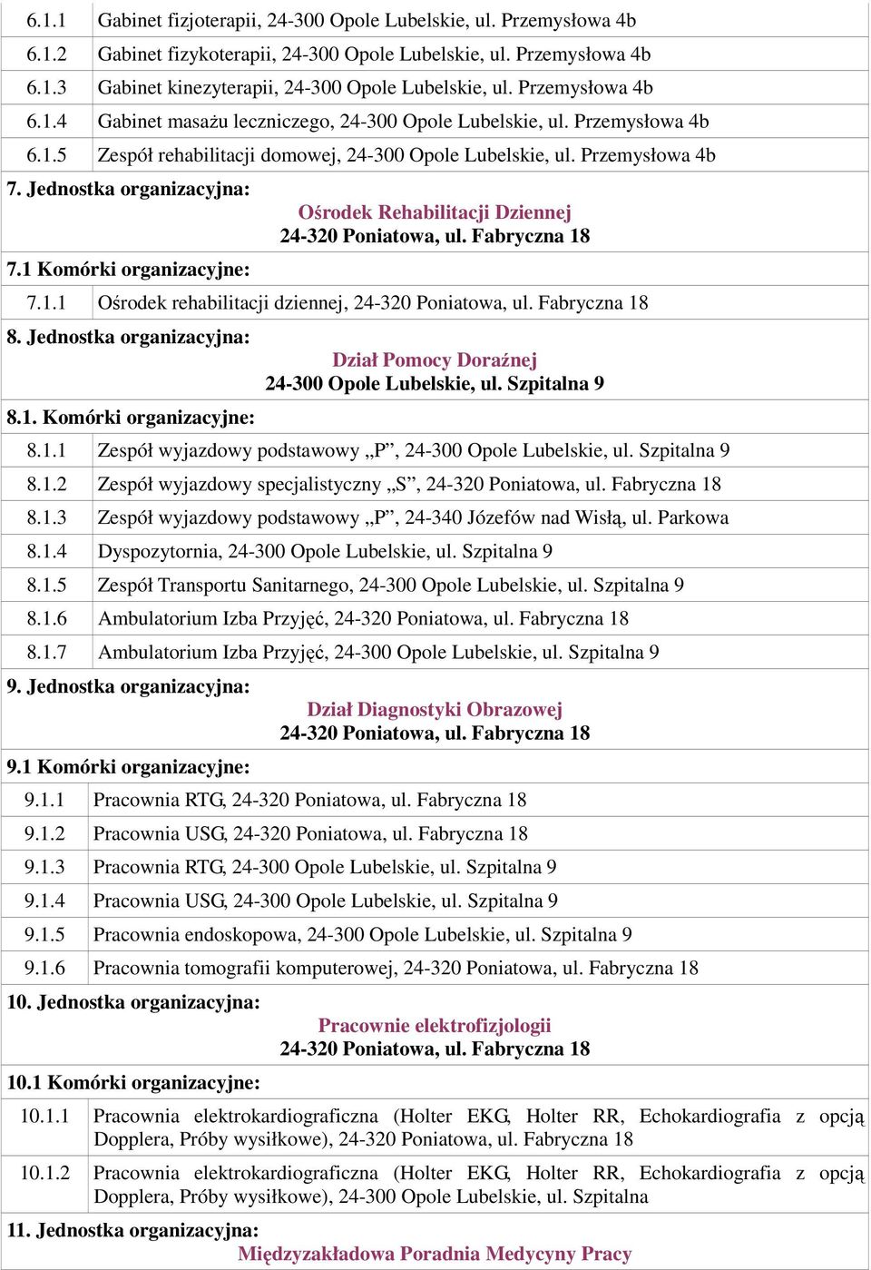 Jednostka organizacyjna: 8.1. Komórki organizacyjne: Dział Pomocy Doraźnej 8.1.1 Zespół wyjazdowy podstawowy P, 8.1.2 Zespół wyjazdowy specjalistyczny S, 8.1.3 Zespół wyjazdowy podstawowy P, 24-340 Józefów nad Wisłą, ul.