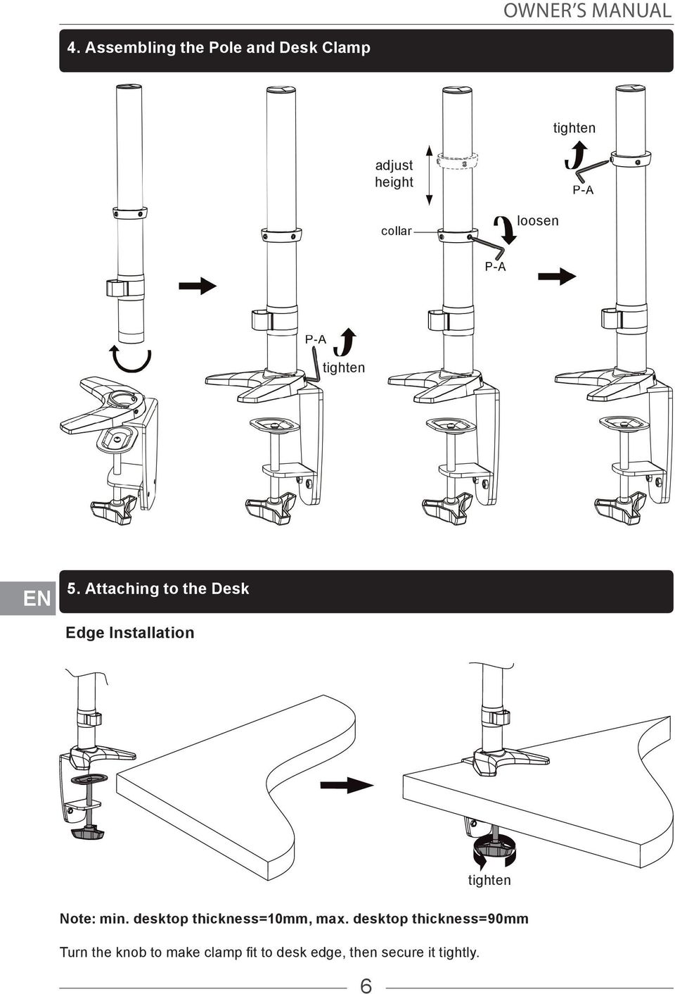 tighten EN 5. Attaching to the Desk Edge Installation tighten Note: min.