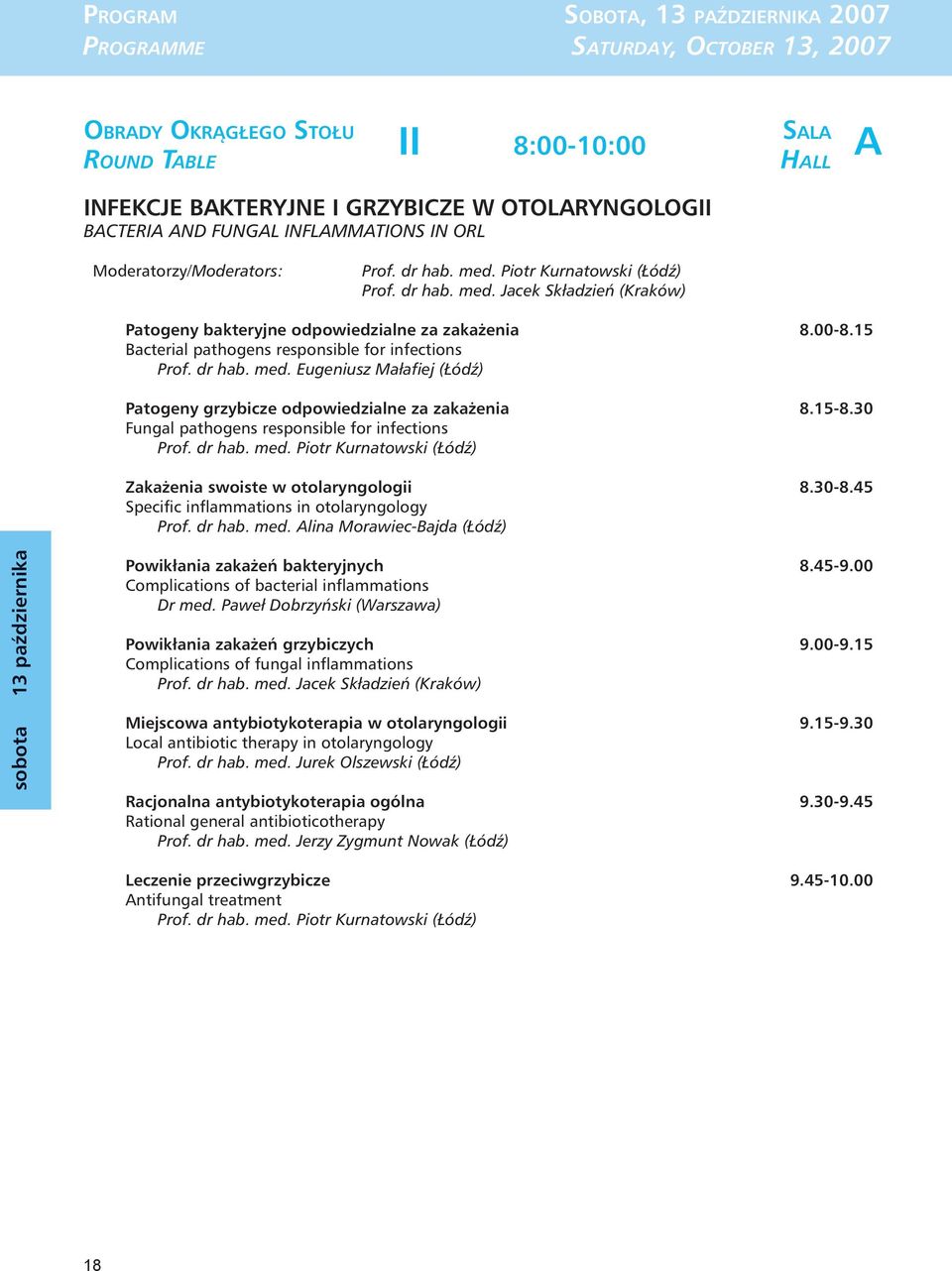 15 Bacterial pathogens responsible for infections Prof. dr hab. med. Eugeniusz Małafiej (Łódź) Patogeny grzybicze odpowiedzialne za zakażenia 8.15-8.