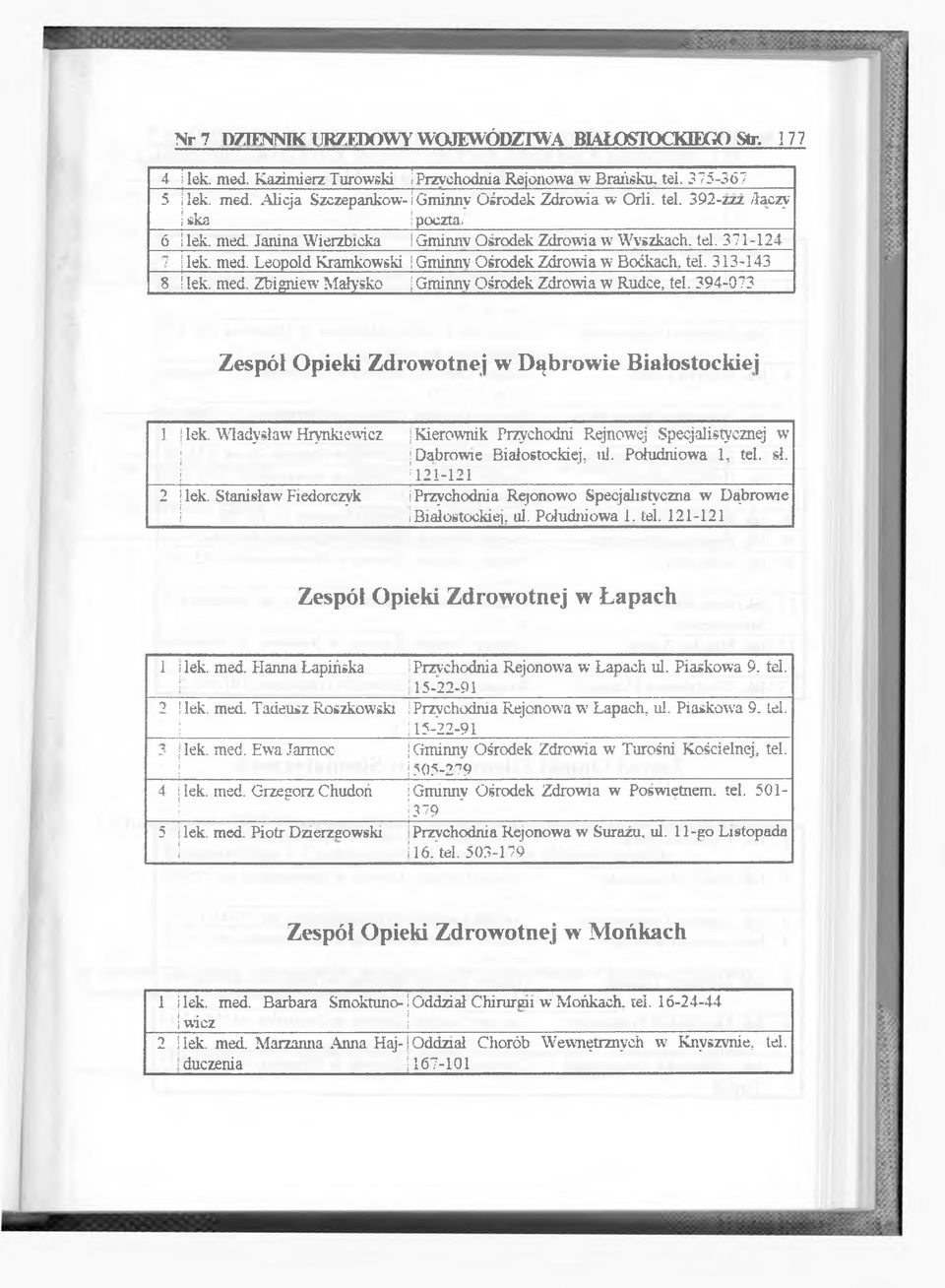 394-073 Zespól Opek Zdrowotne j w Dąbrowe Bałostockej 1 lek. Władysław Hrynkewcz Kerownk Przychodn Rejnowej Specjalstycznej w Dąbrowe Bałostockej, ul. Połudnowa 1, tel. sł. 121-121 2 lek.