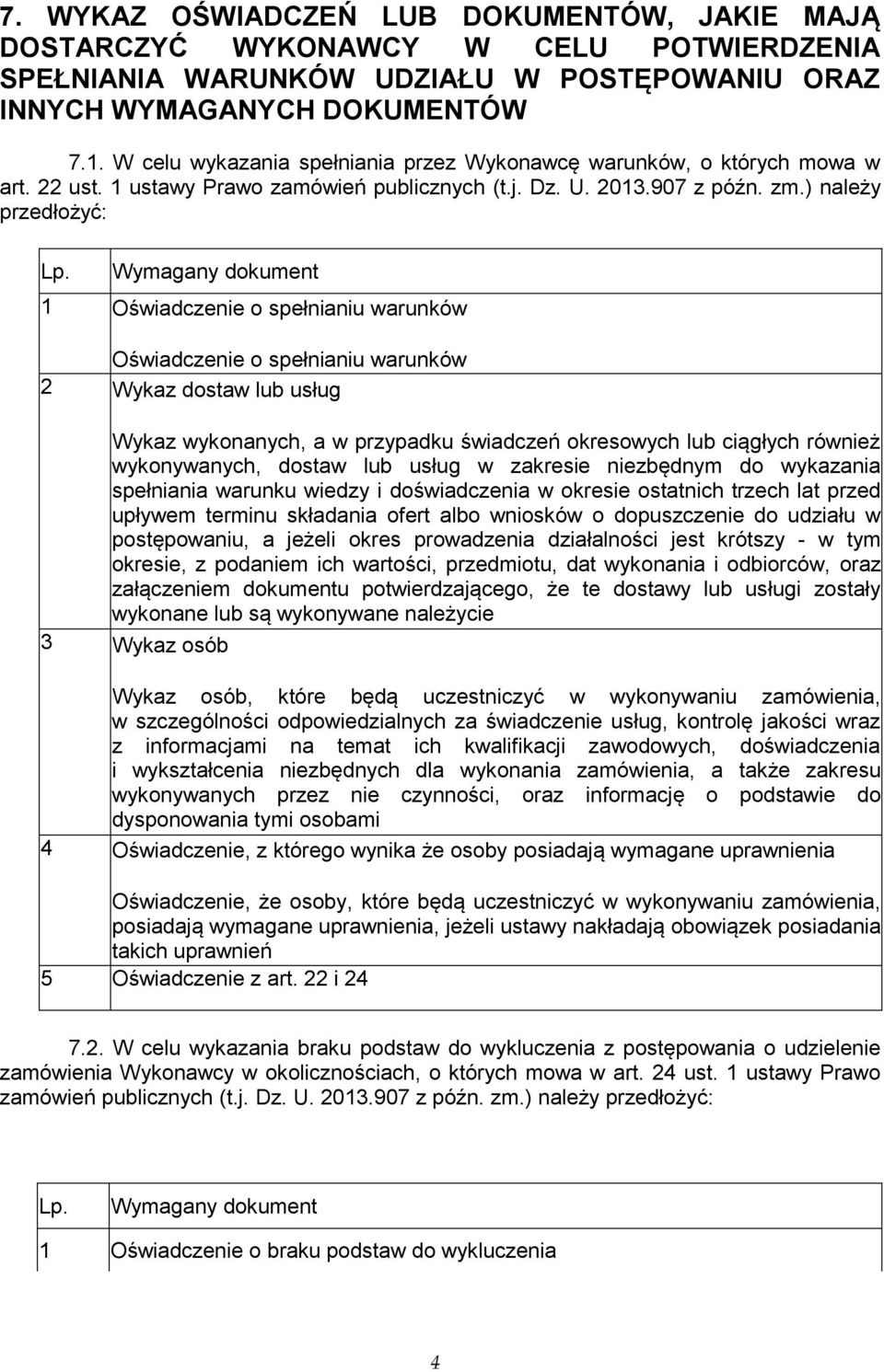 Wymagany dokument 1 Oświadczenie o spełnianiu warunków Oświadczenie o spełnianiu warunków 2 Wykaz dostaw lub usług Wykaz wykonanych, a w przypadku świadczeń okresowych lub ciągłych również