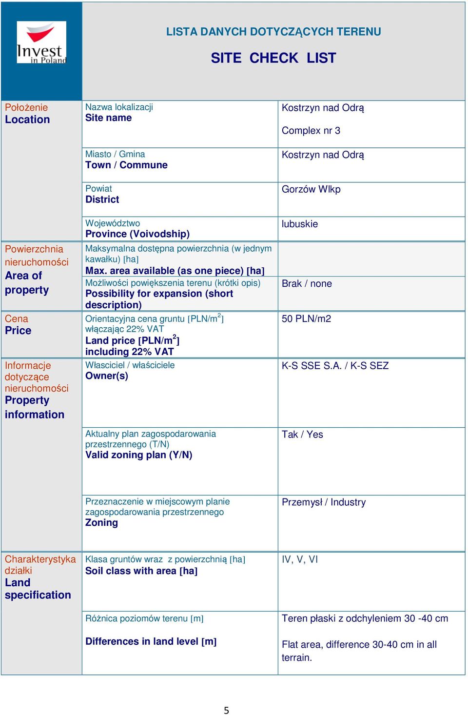 area available (as oe piece) [ha] Możliwości powiększeia tereu (krótki opis) Possibility for expasio (short descriptio) Orietacyja cea grutu [PLN/m 2 ] włączając 22% VAT Lad price [PLN/m 2 ] icludig