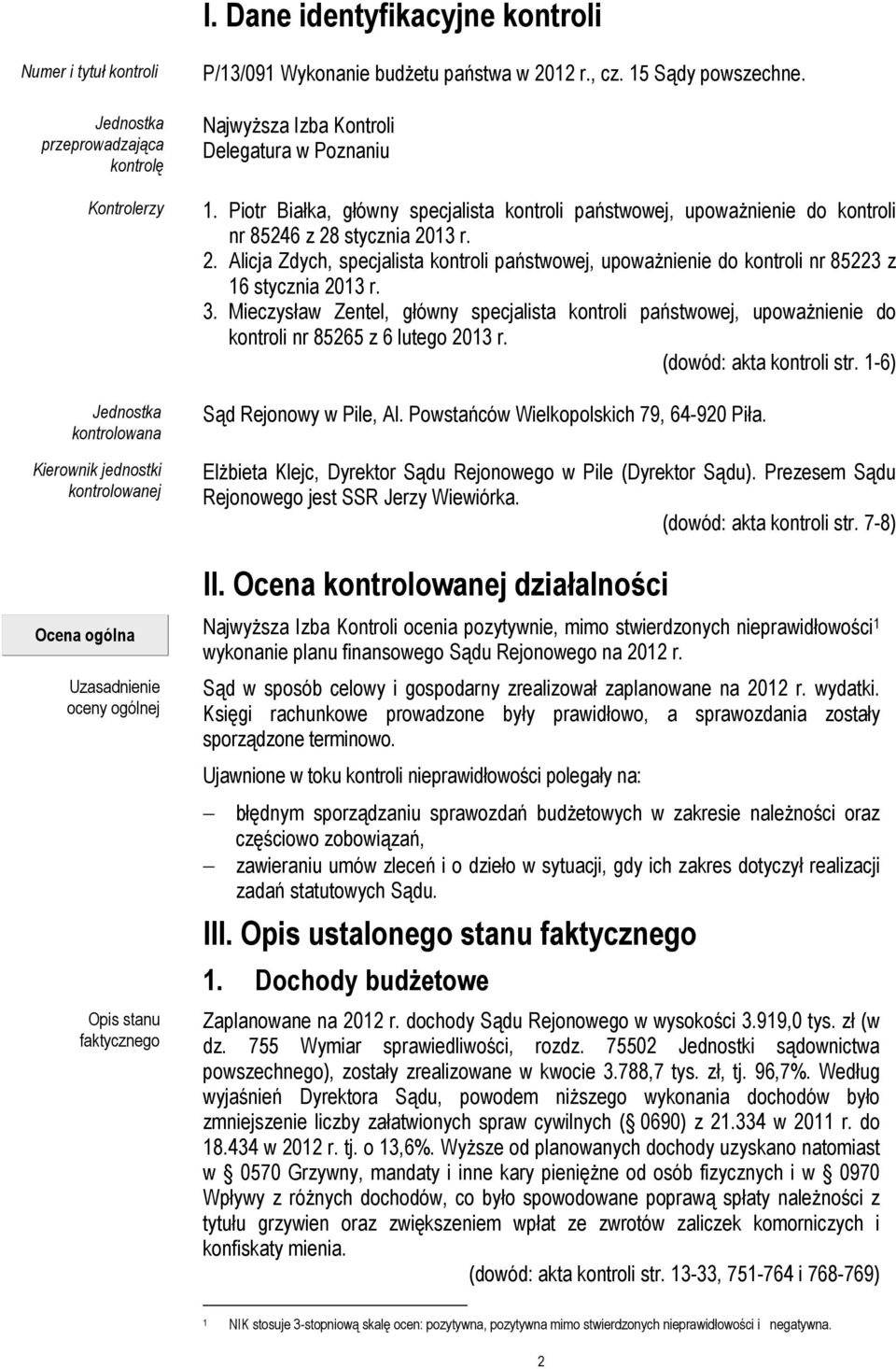 stycznia 2013 r. 2. Alicja Zdych, specjalista kontroli państwowej, upoważnienie do kontroli nr 85223 z 16 stycznia 2013 r. 3.