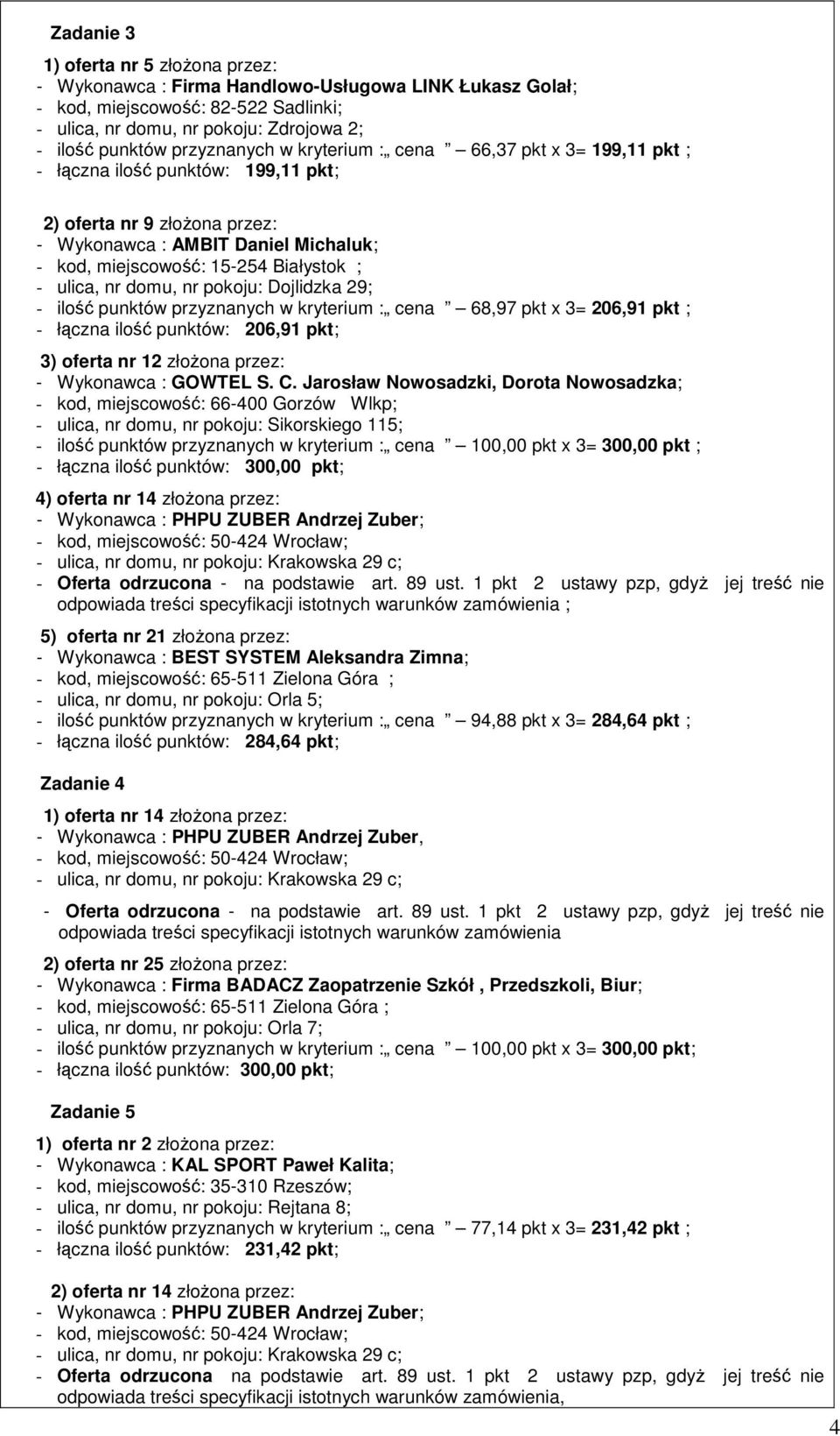 ; - ulica, nr domu, nr pokoju: Dojlidzka 29; - ilość punktów przyznanych w kryterium : cena 68,97 pkt x 3= 206,91 pkt ; - łączna ilość punktów: 206,91 pkt; 3) oferta nr 12 złożona przez: - Wykonawca