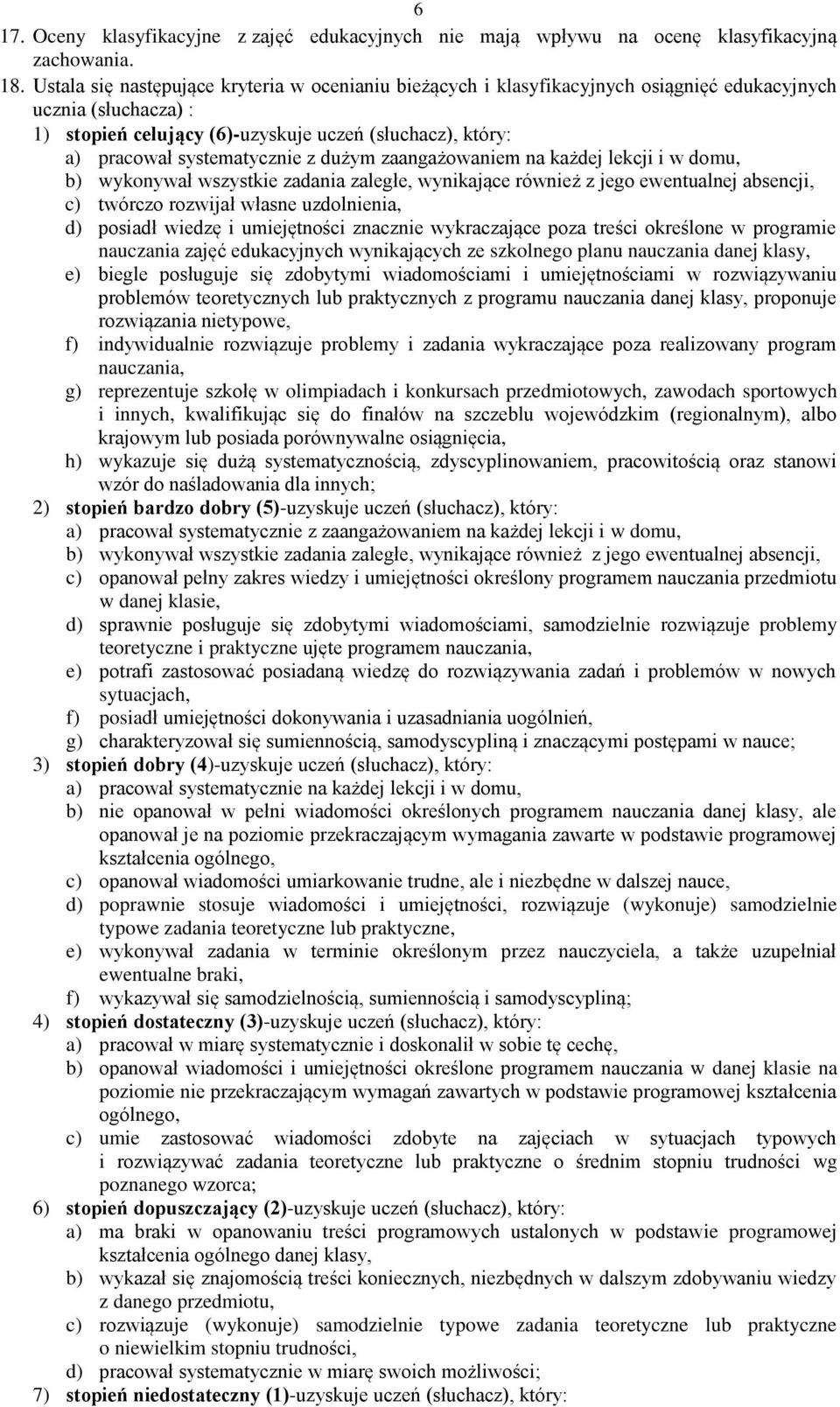 systematycznie z dużym zaangażowaniem na każdej lekcji i w domu, b) wykonywał wszystkie zadania zaległe, wynikające również z jego ewentualnej absencji, c) twórczo rozwijał własne uzdolnienia, d)