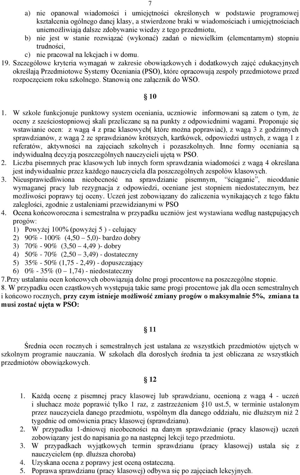 Szczegółowe kryteria wymagań w zakresie obowiązkowych i dodatkowych zajęć edukacyjnych określają Przedmiotowe Systemy Oceniania (PSO), które opracowują zespoły przedmiotowe przed rozpoczęciem roku