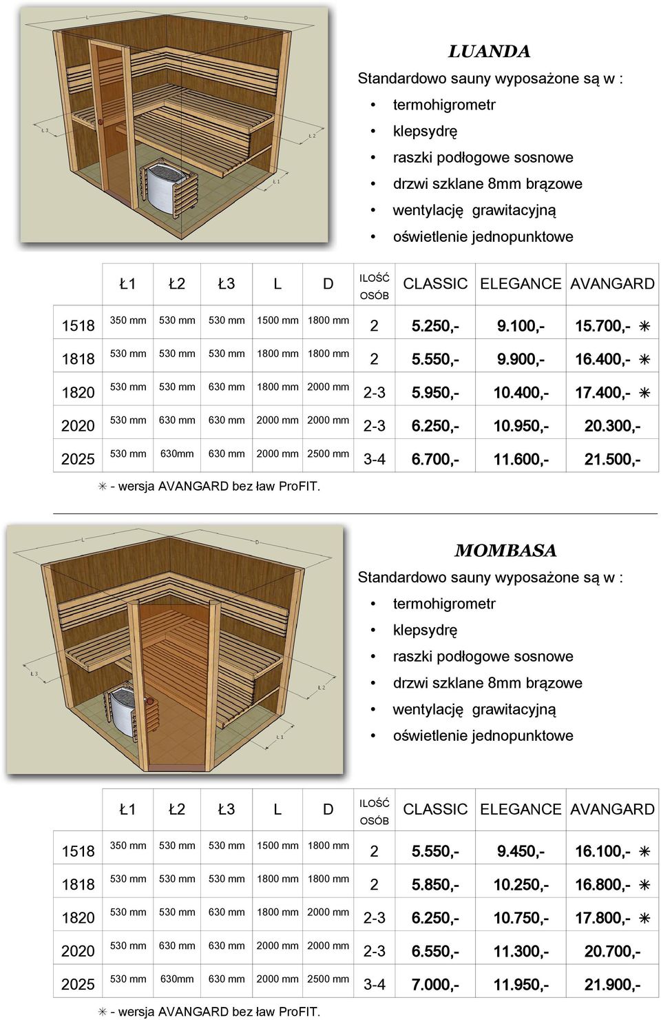 500,- CASSIC EEGANCE AVANGAR - wersja AVANGAR bez ław ProFIT. MOMBASA Ł Ł3 350 mm 1500 mm 1800 mm 5.550,- 9.450,- 16.100,- 1818 1800 mm 1800 mm 5.