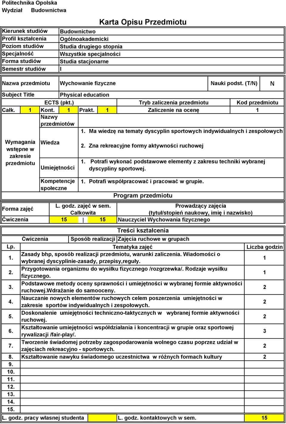 ) Tryb zaliczenia przedmiotu Kod przedmiotu Całk. Kont. Prakt.