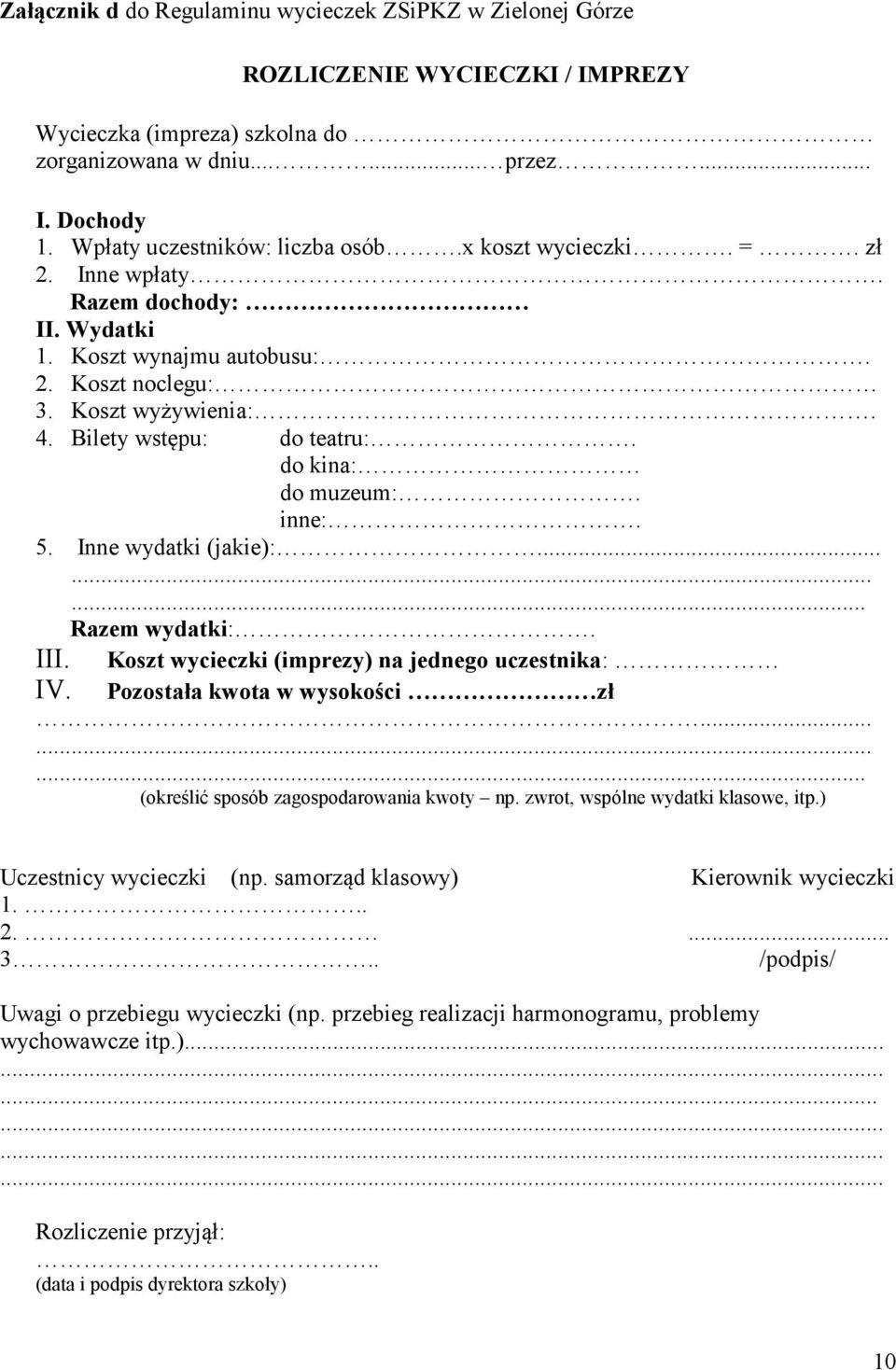 do kina: do muzeum:. inne:. 5. Inne wydatki (jakie):......... Razem wydatki:. Koszt wycieczki (imprezy) na jednego uczestnika: III. IV. Pozostała kwota w wysokości zł.