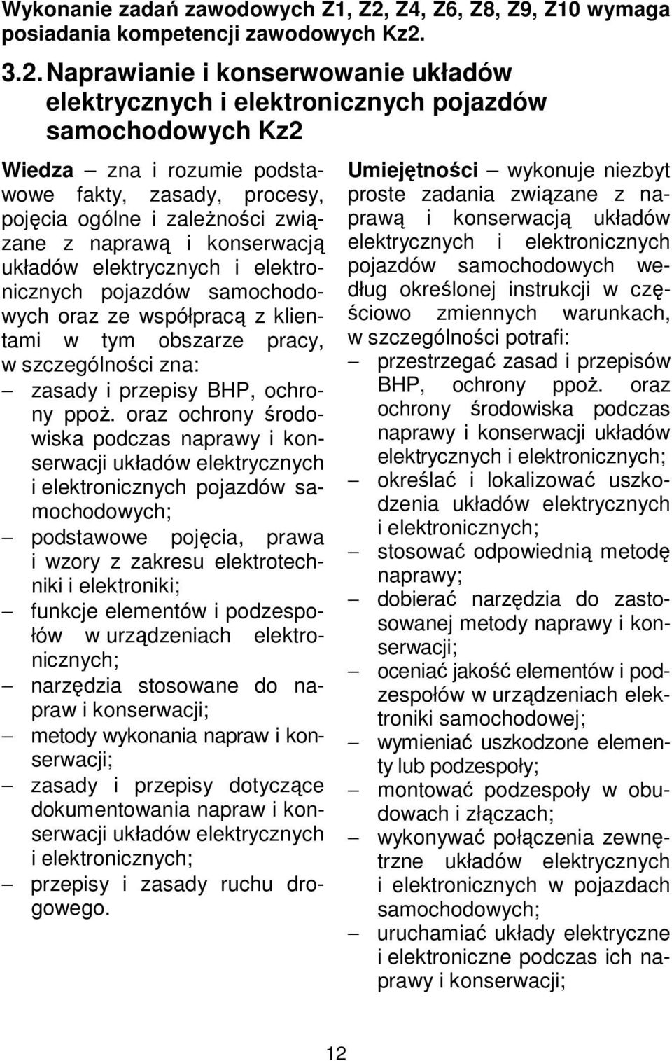 3.2. Naprawianie i konserwowanie układów elektrycznych i elektronicznych pojazdów samochodowych Kz2 Wiedza zna i rozumie podstawowe fakty, zasady, procesy, pojęcia ogólne i zależności związane z