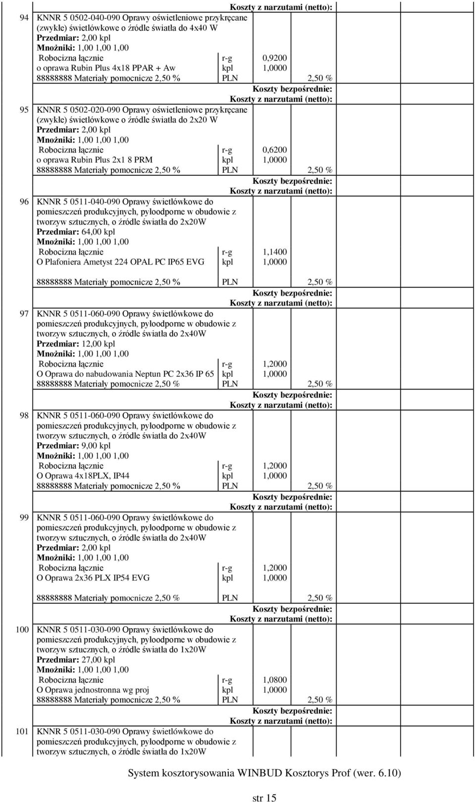 KNNR 5 0511-040-090 Oprawy świetlówkowe do pomieszczeń produkcyjnych, pyłoodporne w obudowie z tworzyw sztucznych, o źródle światła do 2x20W Przedmiar: 64,00 kpl Robocizna łącznie r-g 1,1400 O