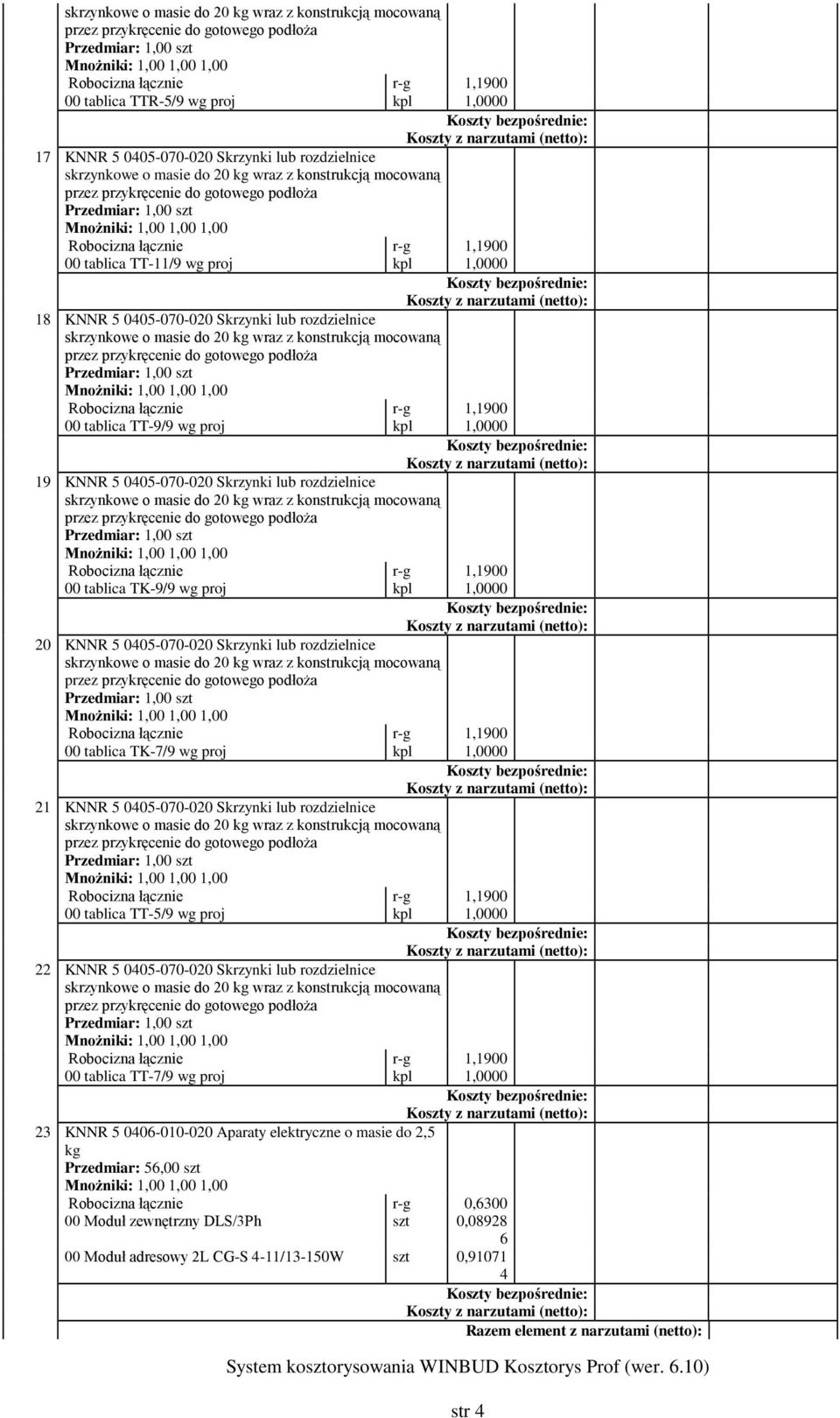 0405-070-020 Skrzynki lub rozdzielnice 00 tablica TT-5/9 wg proj kpl 1,0000 22 KNNR 5 0405-070-020 Skrzynki lub rozdzielnice 00 tablica TT-7/9 wg proj kpl 1,0000 23 KNNR 5 0406-010-020 Aparaty