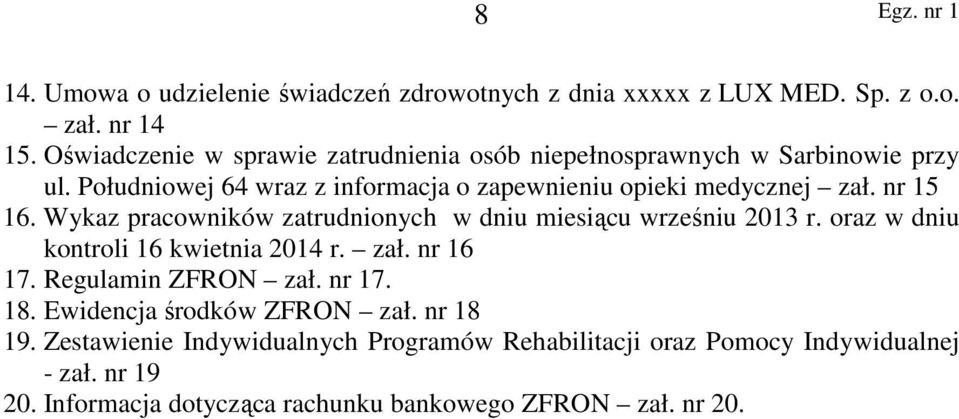 nr 15 16. Wykaz pracowników zatrudnionych w dniu miesiącu wrześniu 2013 r. oraz w dniu kontroli 16 kwietnia 2014 r. zał. nr 16 17.