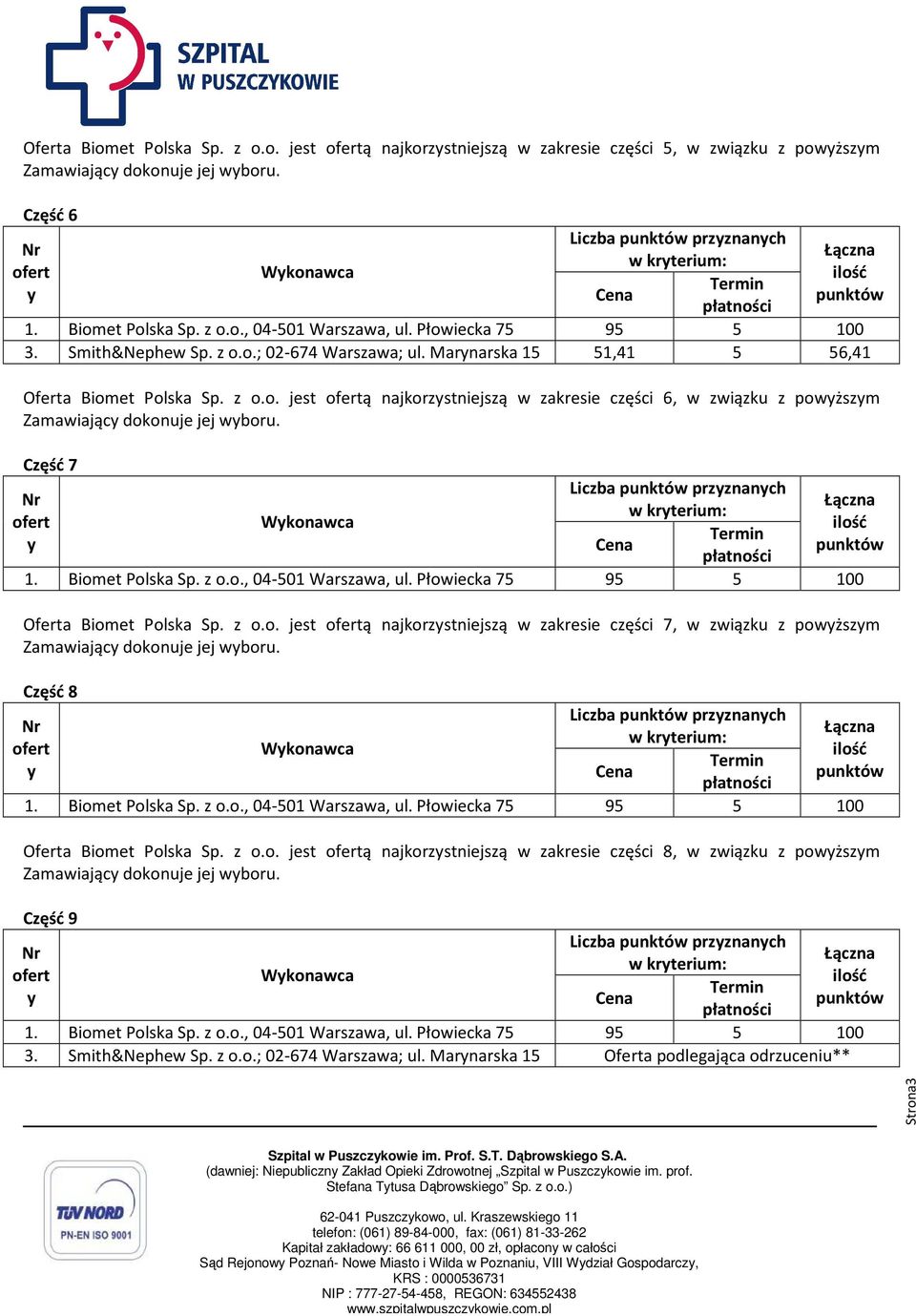 Część 7 Liczba przznanch w krterium: Wkonawca Oferta Biomet Polska Sp. z o.o. jest ą najkorzstniejszą w zakresie części 7, w związku z powższm Zamawiając dokonuje jej wboru.