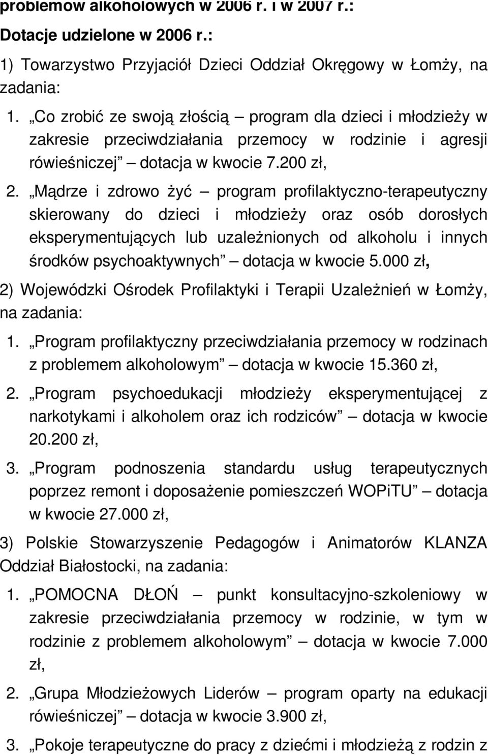 Mądrze i zdrowo żyć program profilaktyczno-terapeutyczny skierowany do dzieci i młodzieży oraz osób dorosłych eksperymentujących lub uzależnionych od alkoholu i innych środków psychoaktywnych dotacja