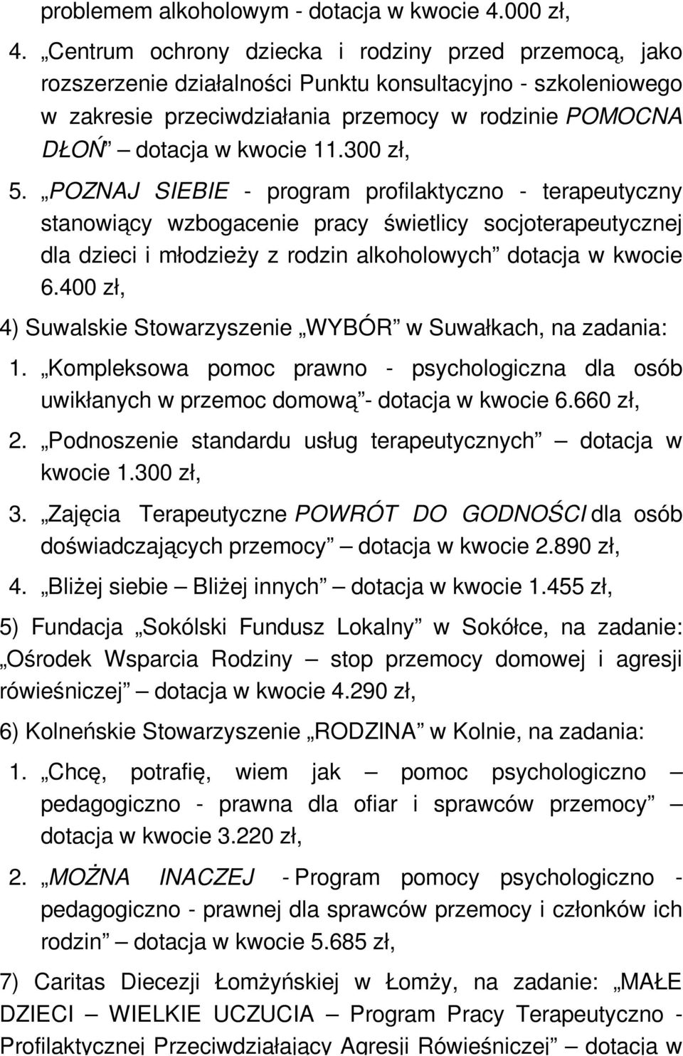 300 zł, 5. POZNAJ SIEBIE - program profilaktyczno - terapeutyczny stanowiący wzbogacenie pracy świetlicy socjoterapeutycznej dla dzieci i młodzieży z rodzin alkoholowych dotacja w kwocie 6.