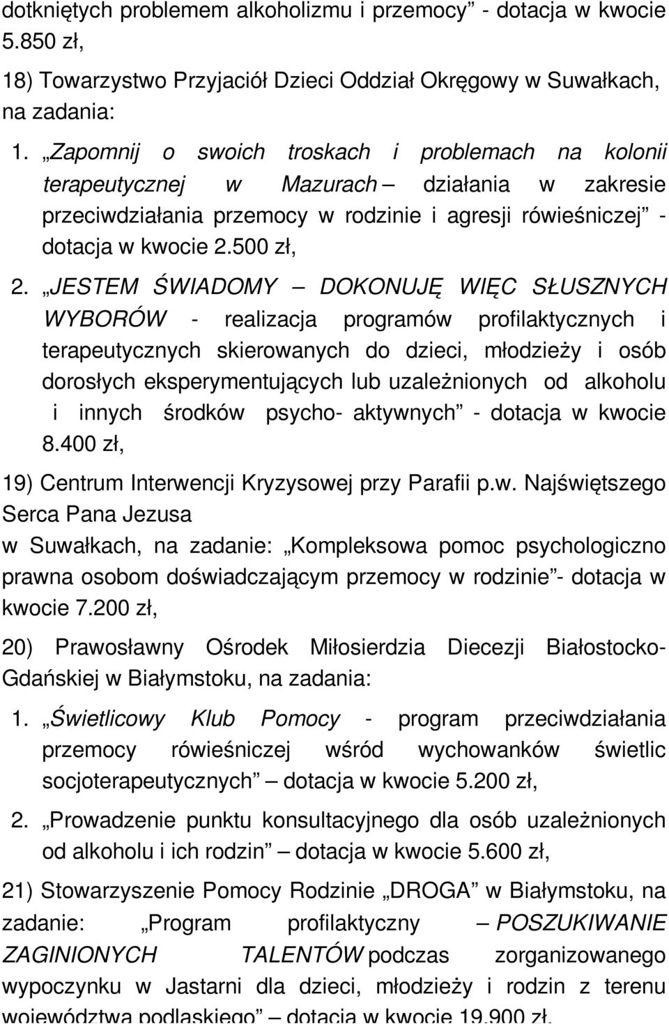 JESTEM ŚWIADOMY DOKONUJĘ WIĘC SŁUSZNYCH WYBORÓW - realizacja programów profilaktycznych i terapeutycznych skierowanych do dzieci, młodzieży i osób dorosłych eksperymentujących lub uzależnionych od