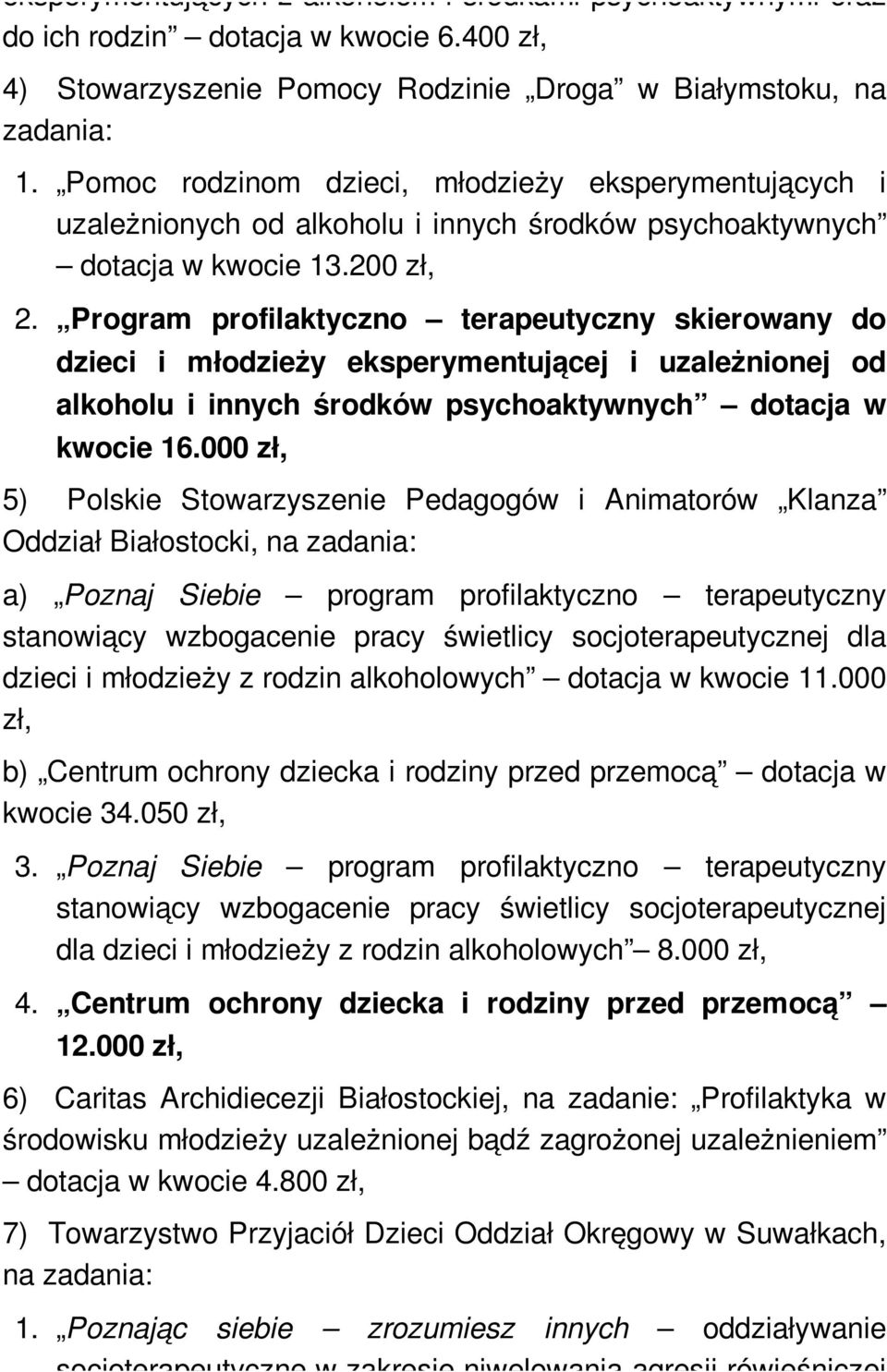 Program profilaktyczno terapeutyczny skierowany do dzieci i młodzieży eksperymentującej i uzależnionej od alkoholu i innych środków psychoaktywnych dotacja w kwocie 16.