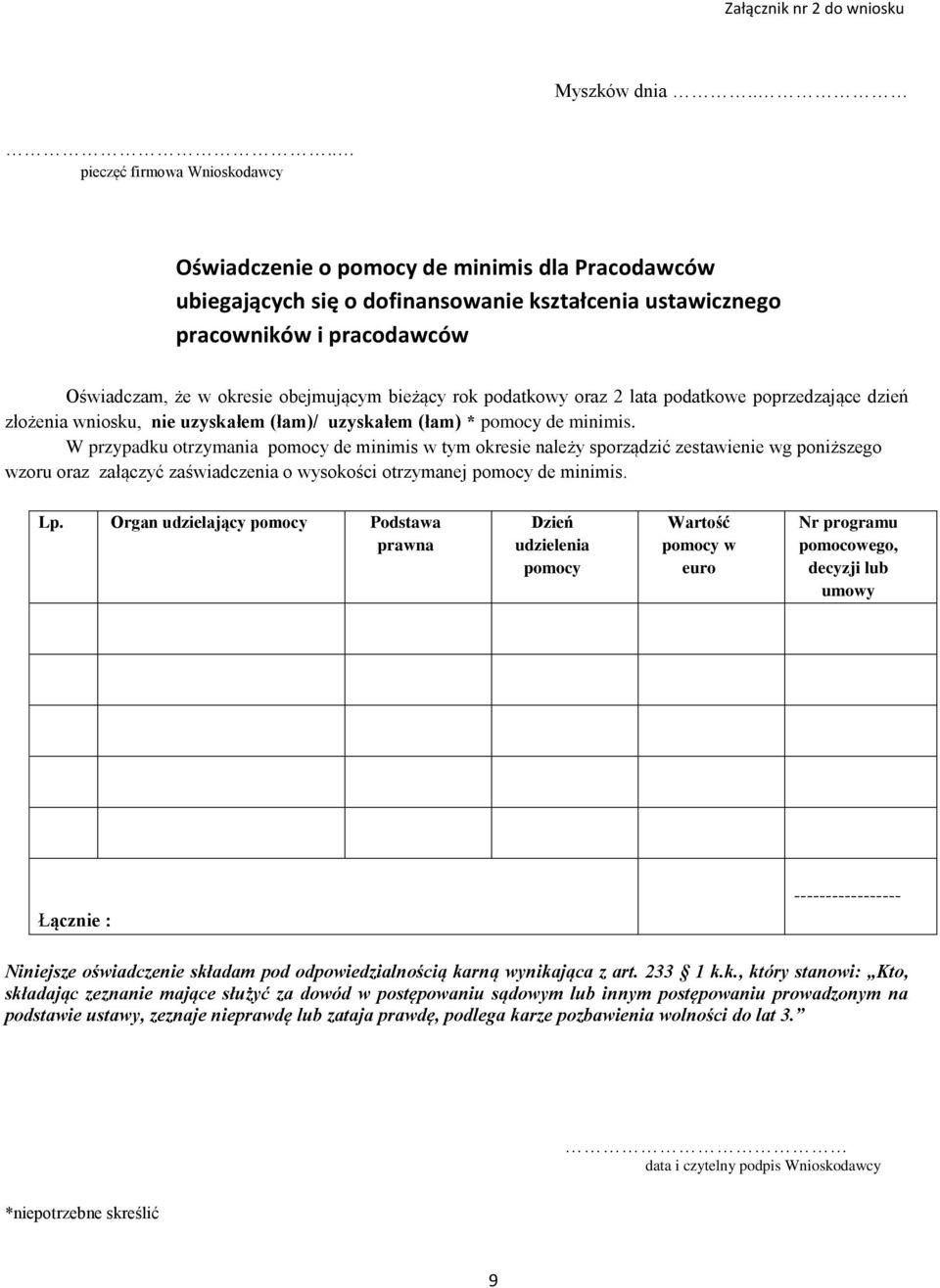 obejmującym bieżący rok podatkowy oraz 2 lata podatkowe poprzedzające dzień złożenia wniosku, nie uzyskałem (łam)/ uzyskałem (łam) * pomocy de minimis.