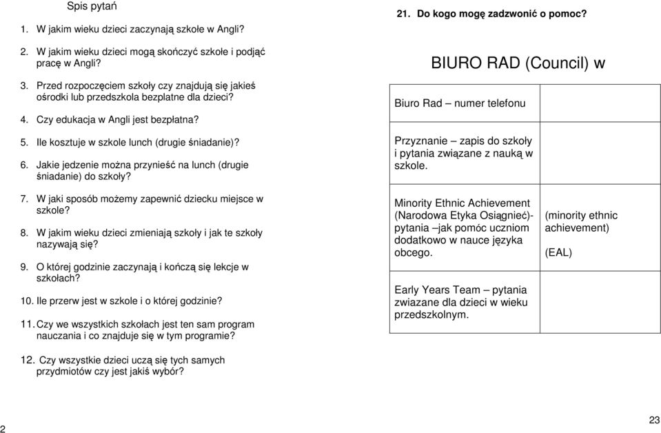 Jakie jedzenie można przynieść na lunch (drugie śniadanie) do szkoły? 21. Do kogo mogę zadzwonić o pomoc?