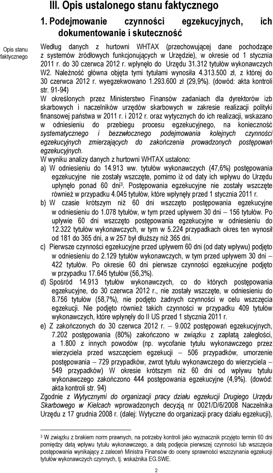 stycznia 2011 r. do 30 czerwca 2012 r. wpłynęło do Urzędu 31.312 tytułów wykonawczych W2. Należność główna objęta tymi tytułami wynosiła 4.313.500 zł, z której do 30 czerwca 2012 r. wyegzekwowano 1.