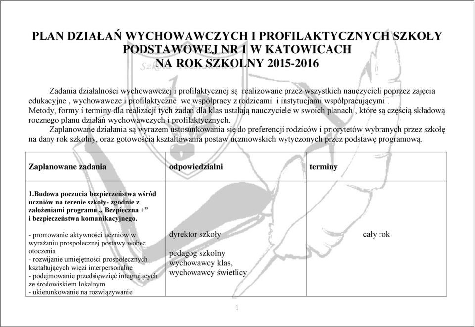 Metody, formy i terminy dla realizacji tych zadań dla klas ustalają nauczyciele w swoich planach, które są częścią składową rocznego planu działań wychowawczych i profilaktycznych.