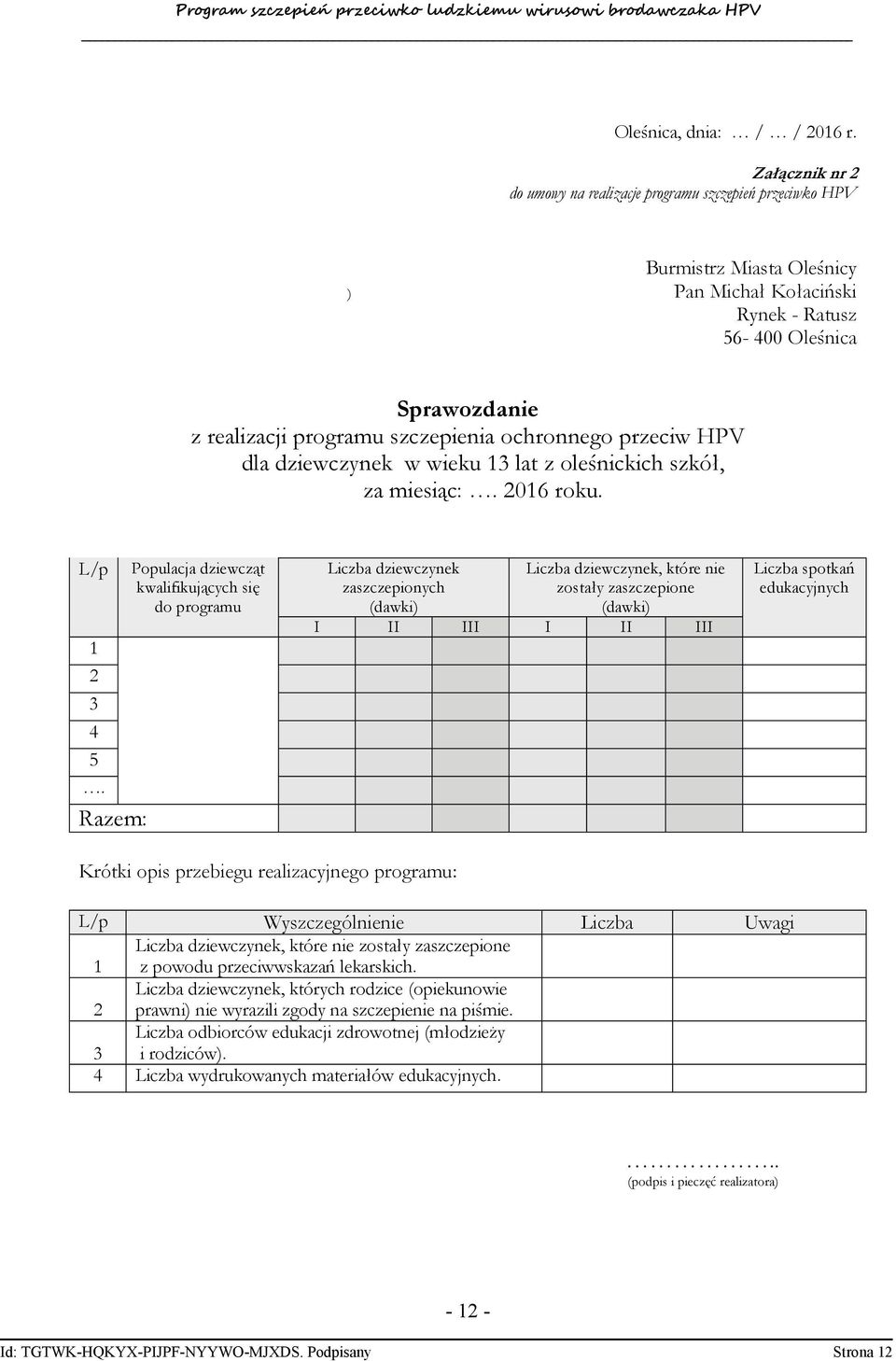 ochronnego przeciw HPV dla dziewczynek w wieku 13 lat z oleśnickich szkół, za miesiąc:. 2016 roku. L/p 1 2 3 4 5.