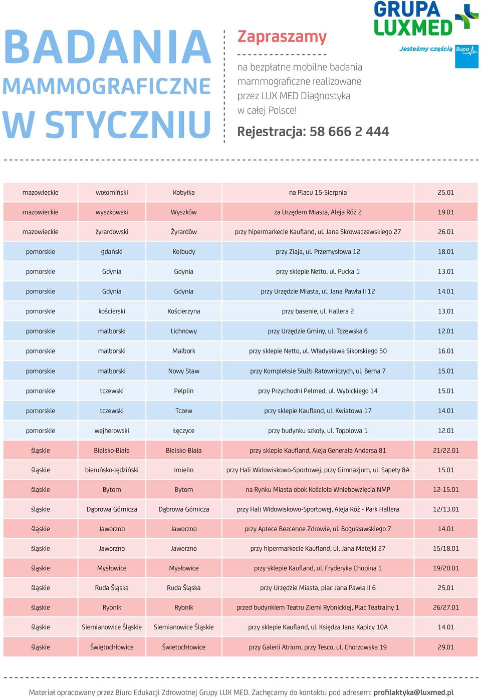 01 pomorskie Gdynia Gdynia przy Urzędzie Miasta, ul. Jana Pawła II 12 14.01 pomorskie kościerski Kościerzyna przy basenie, ul. Hallera 2 13.01 pomorskie malborski Lichnowy przy Urzędzie Gminy, ul.