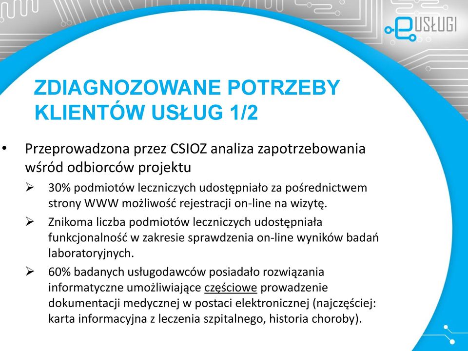 Znikoma liczba podmiotów leczniczych udostępniała funkcjonalność w zakresie sprawdzenia on-line wyników badań laboratoryjnych.