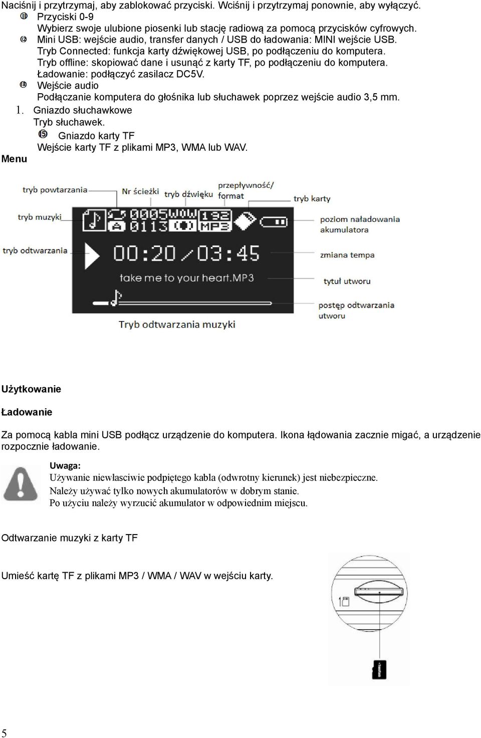 Tryb offline: skopiować dane i usunąć z karty TF, po podłączeniu do komputera. Ładowanie: podłączyć zasilacz DC5V.