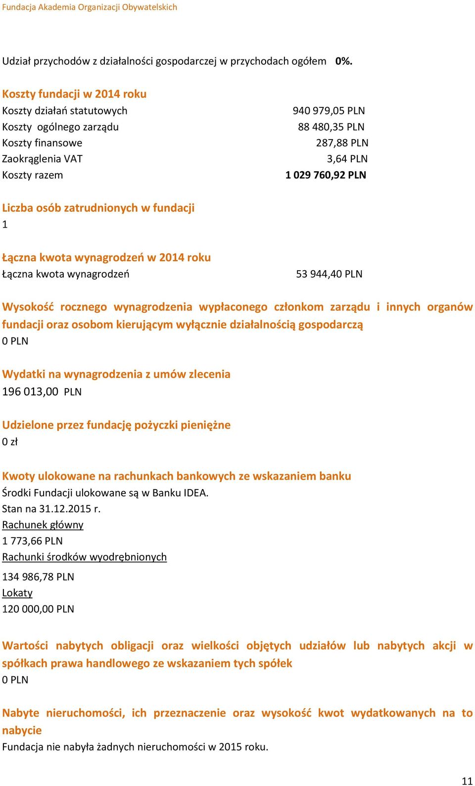 osób zatrudnionych w fundacji 1 Łączna kwota wynagrodzeń w 2014 roku Łączna kwota wynagrodzeń 53 944,40 PLN Wysokość rocznego wynagrodzenia wypłaconego członkom zarządu i innych organów fundacji oraz