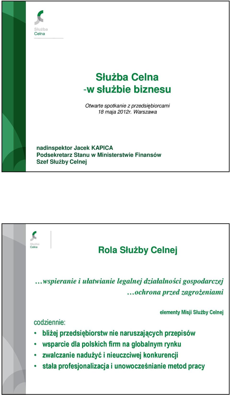 ułatwianie u legalnej działalno alności gospodarczej ochrona przed zagroŝeniami elementy Misji SłuŜby S Celnej codziennie: bliŝej