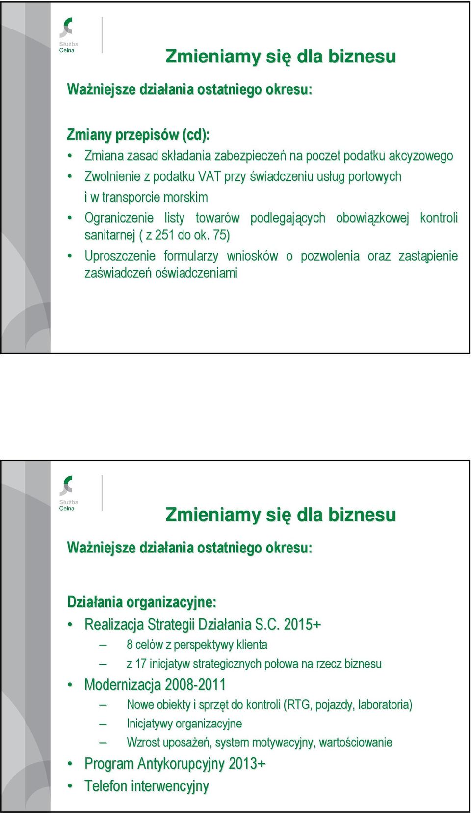 75) Uproszczenie formularzy wniosków w o pozwolenia oraz zastąpienie zaświadcze wiadczeń oświadczeniami Zmieniamy się dla biznesu Działania ania organizacyjne: Realizacja Strategii Działania ania S.C.