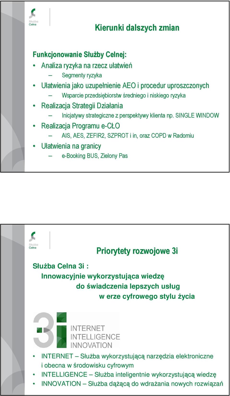 . SINGLE WINDOW Realizacja Programu e-cło AIS, AES, ZEFIR2, SZPROT i in,, oraz COPD w Radomiu Ułatwienia na granicy e-booking BUS, Zielony Pas Priorytety rozwojowe 3i SłuŜba Celna 3i : Innowacyjnie