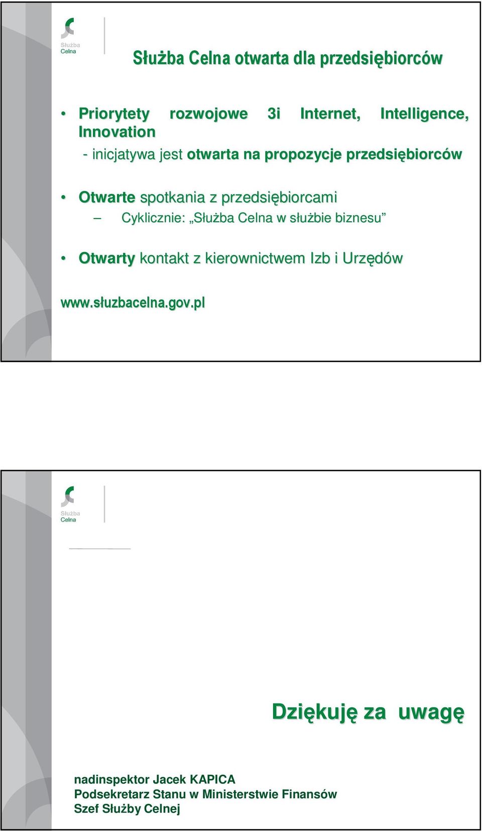 Cyklicznie: SłuŜba Celna w słuŝbie s biznesu Otwarty kontakt z kierownictwem Izb i Urzędów www.słuzbacelna.